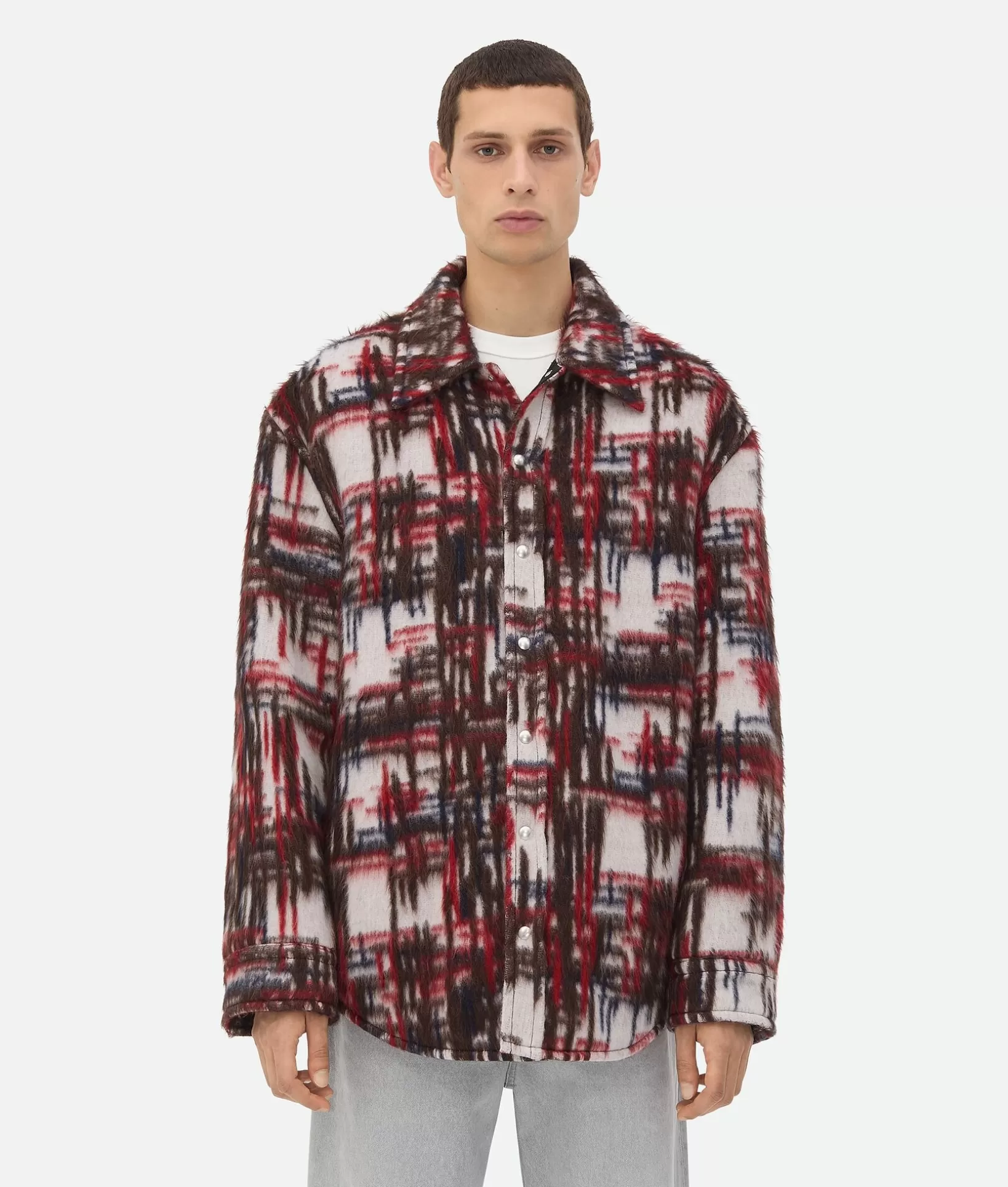 Jackets>Bottega Veneta Alpaca Check Overshirt White/red/brown