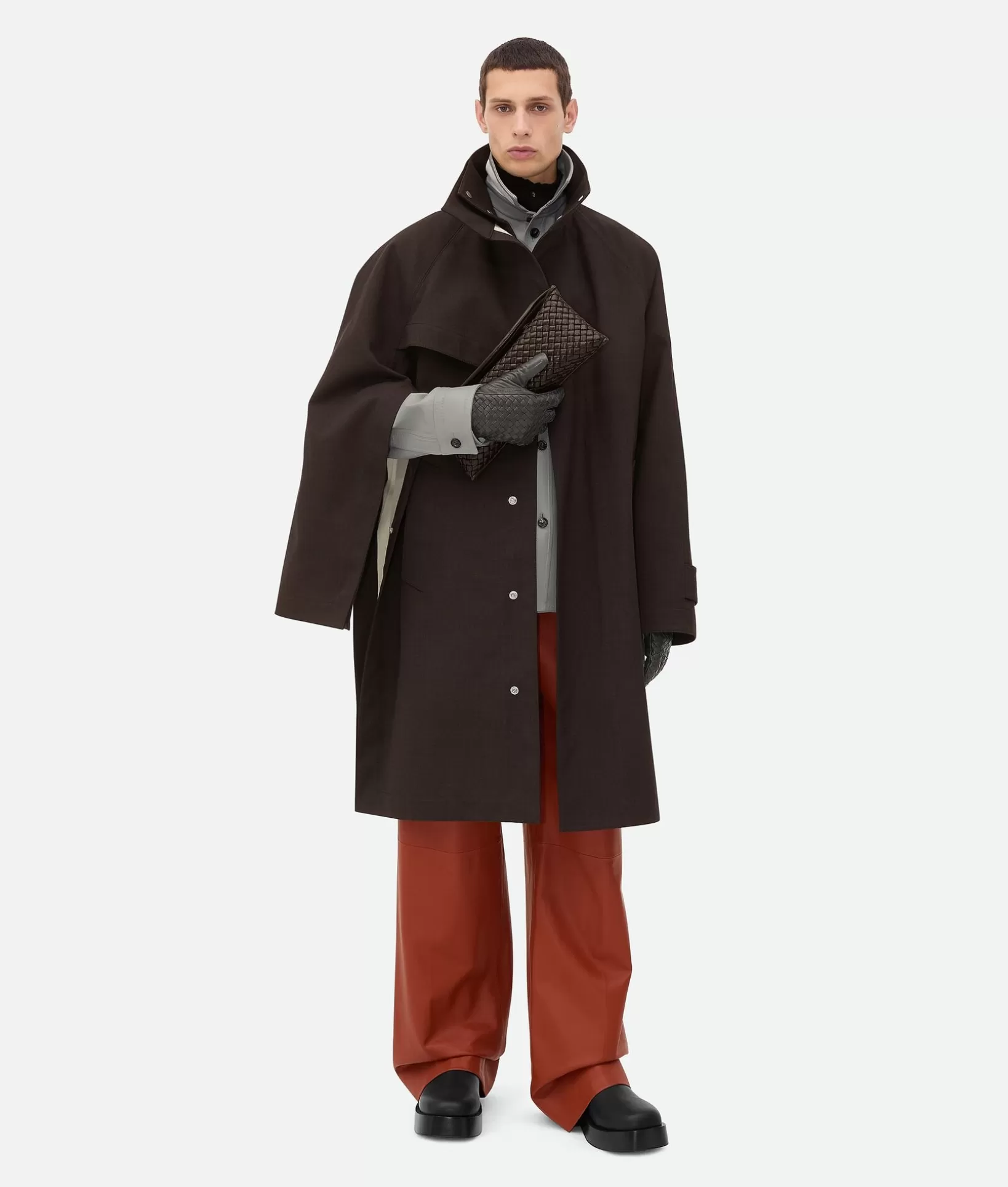 Coats>Bottega Veneta Bonded Wool Cotton Cape Coat Brown melange/toile