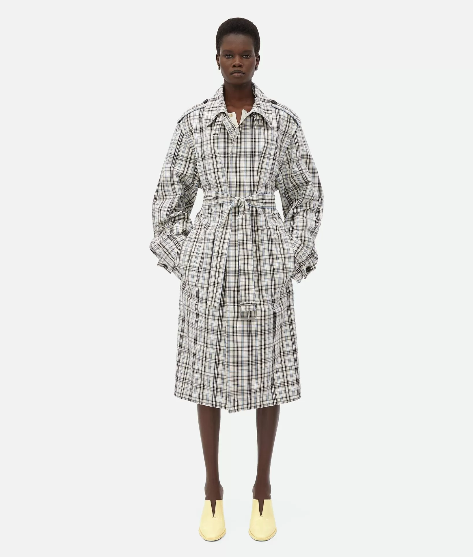 Coats>Bottega Veneta Checked Cotton Trench Coat Chalk/fondant/yellow