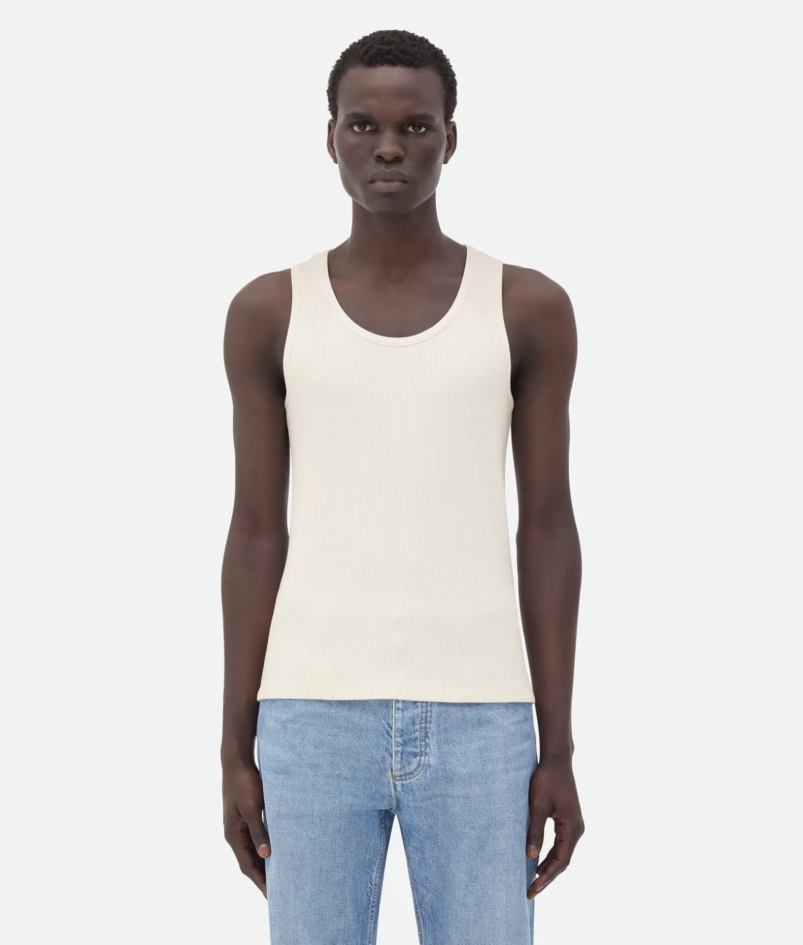 T-Shirts>Bottega Veneta Compact Cotton Rib Jersey Tank Top Sea salt