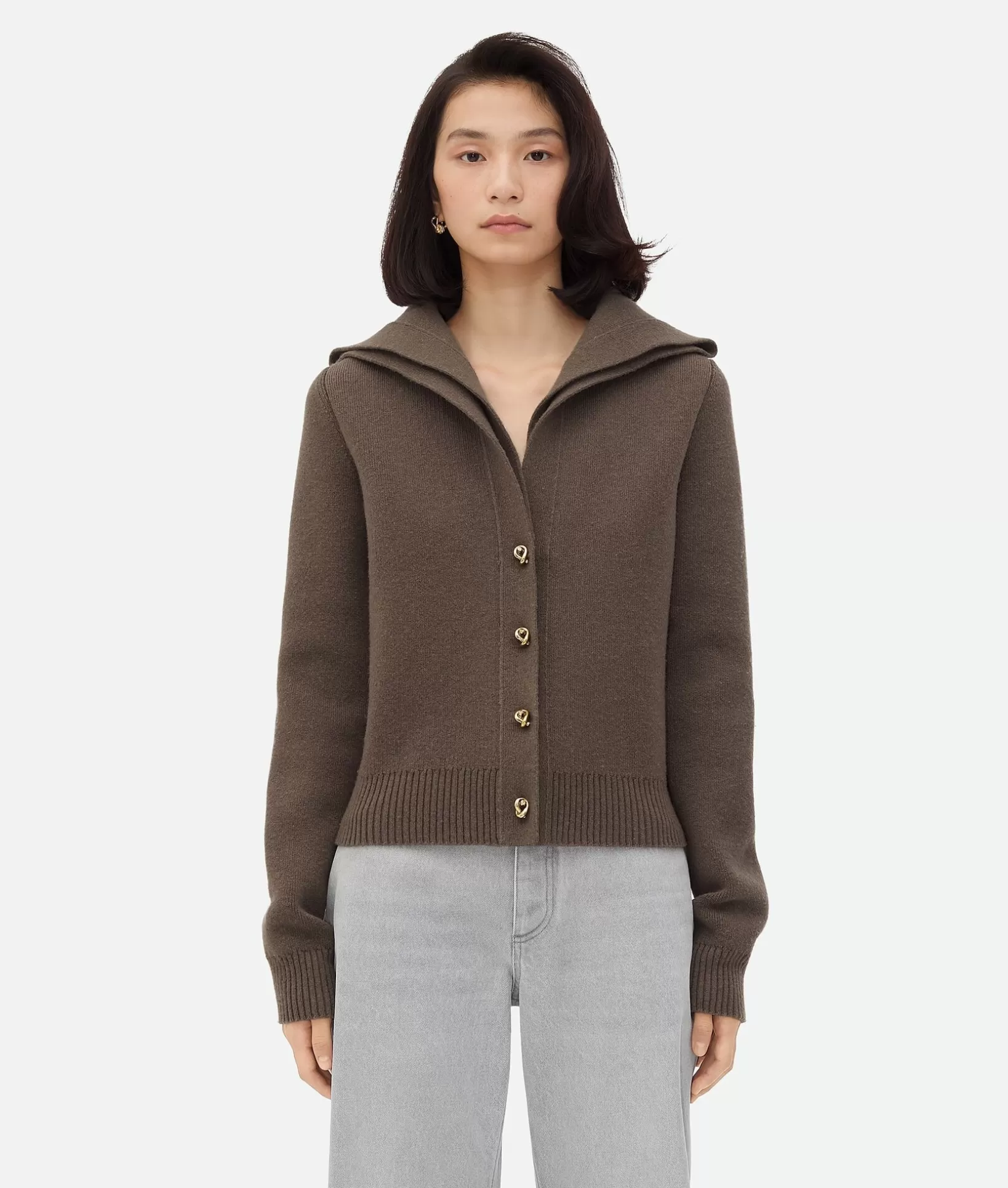 Knitwear>Bottega Veneta Compact Wool Cardigan Chestnut melange