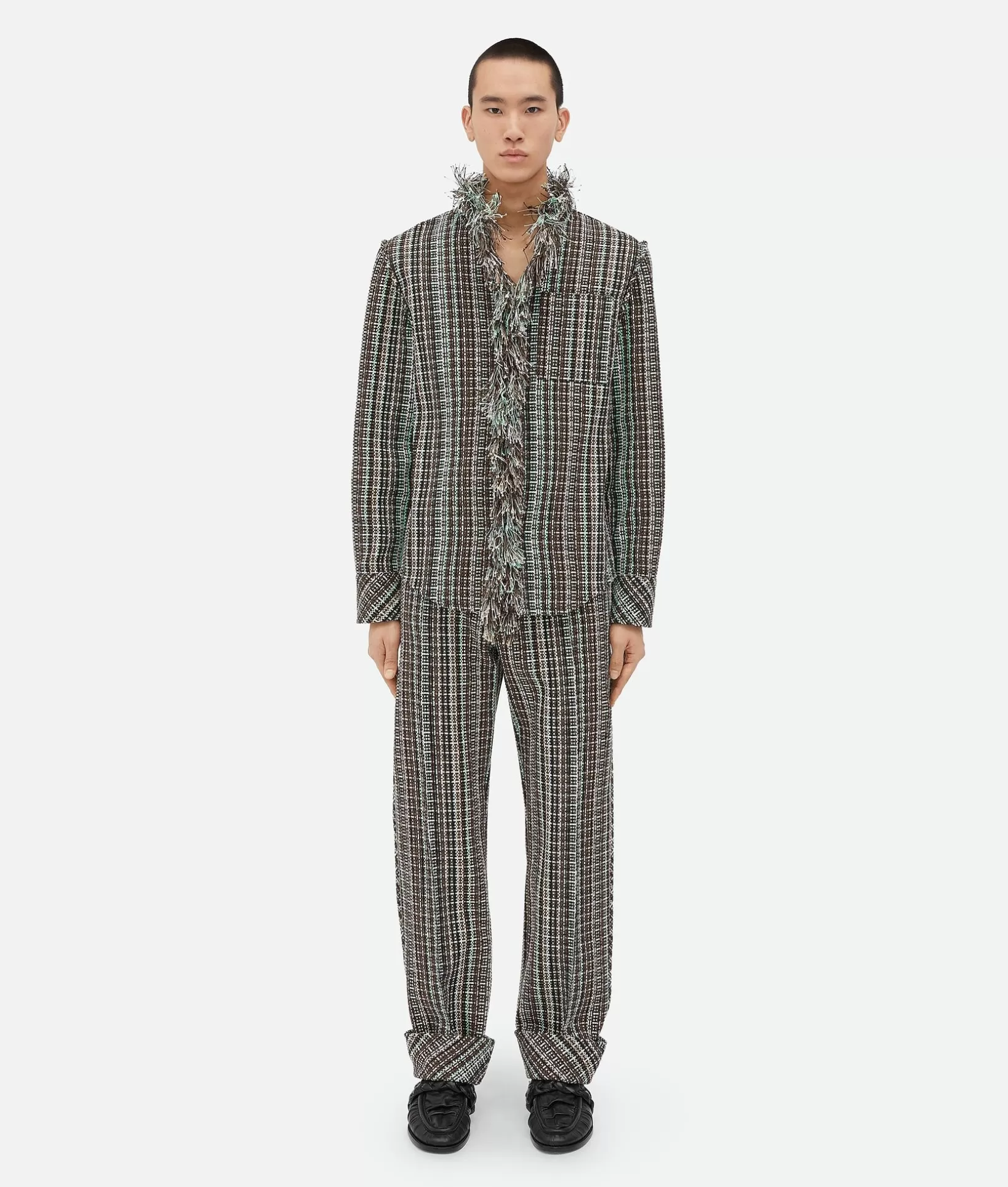 Jackets>Bottega Veneta Cotton Check Jacket With Fringes Black/brown/mint