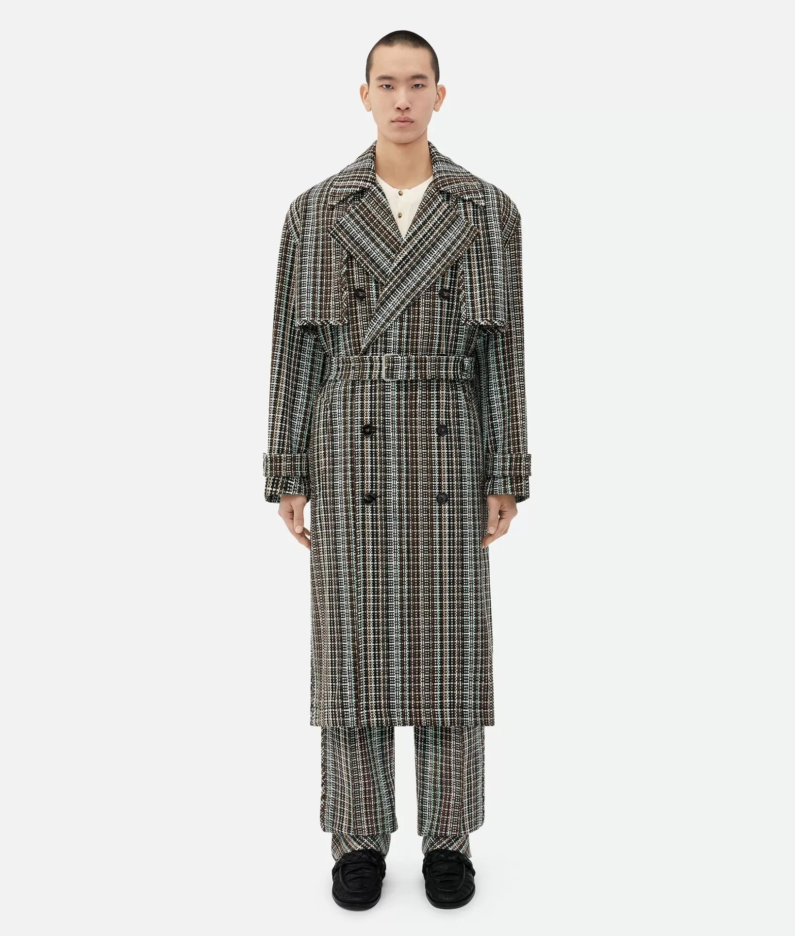 Coats>Bottega Veneta Cotton Check Trench Coat Black/brown/mint