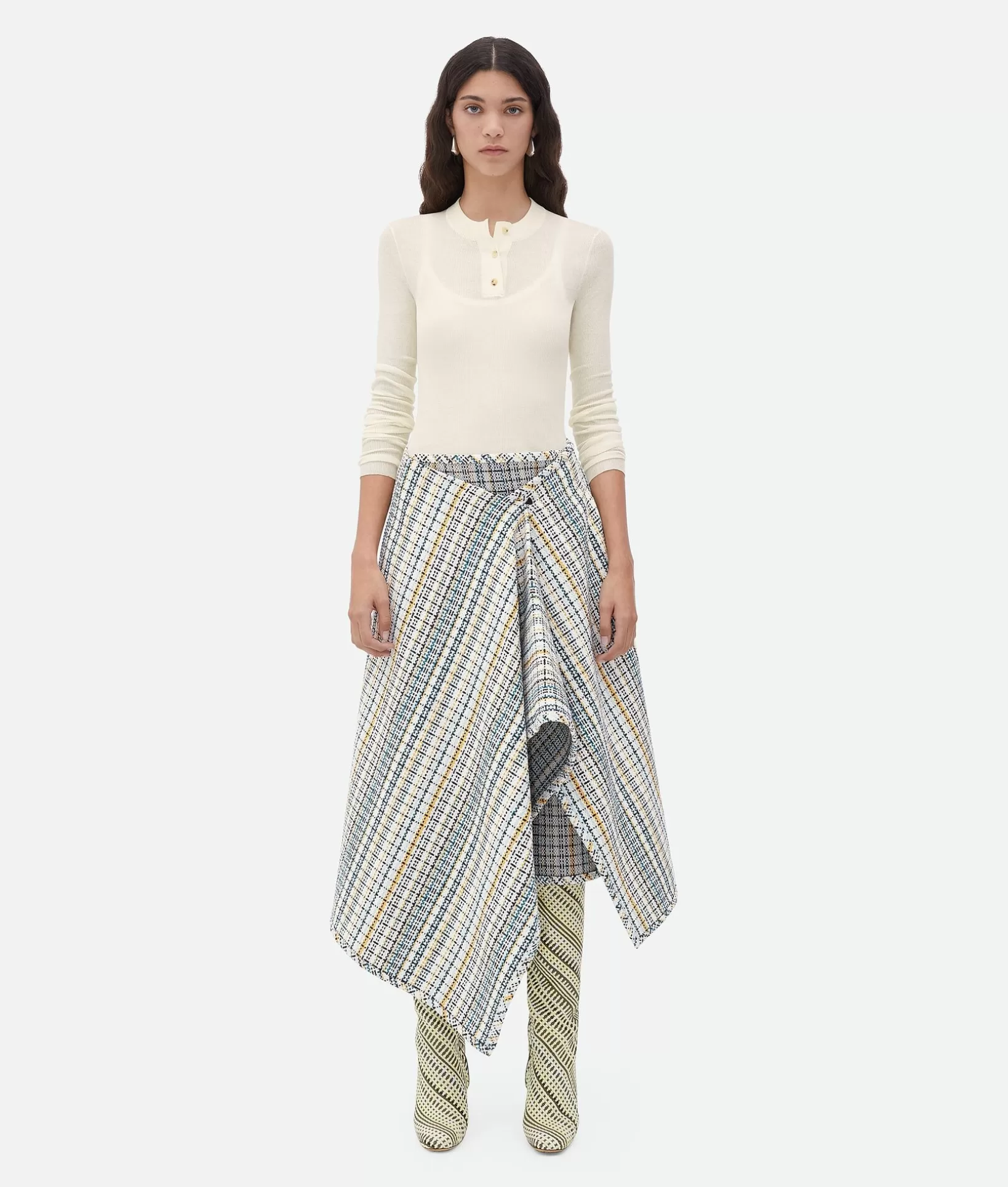 Skirts>Bottega Veneta Cotton Check Wrapped Skirt White/peacock/butter