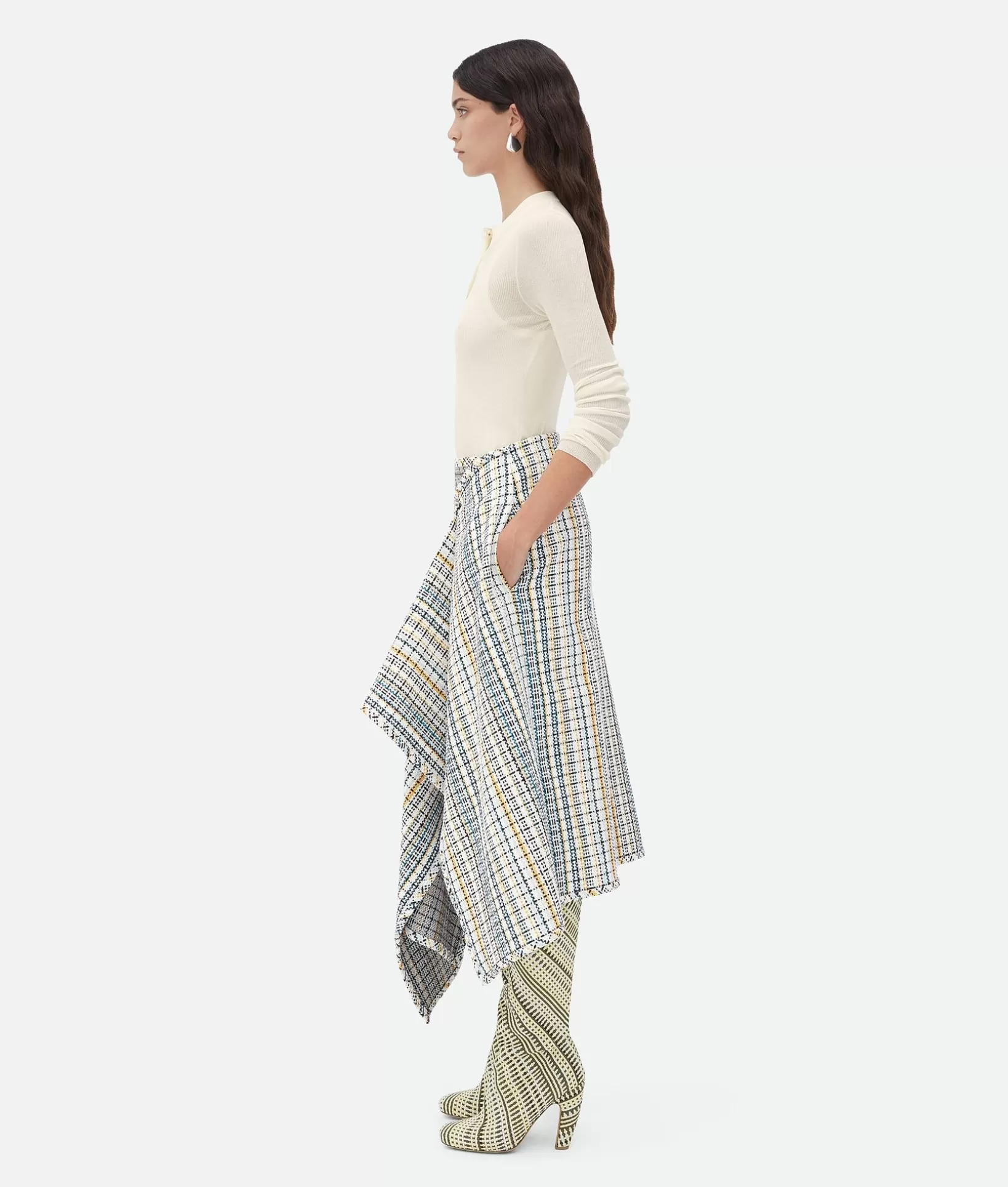 Skirts>Bottega Veneta Cotton Check Wrapped Skirt White/peacock/butter