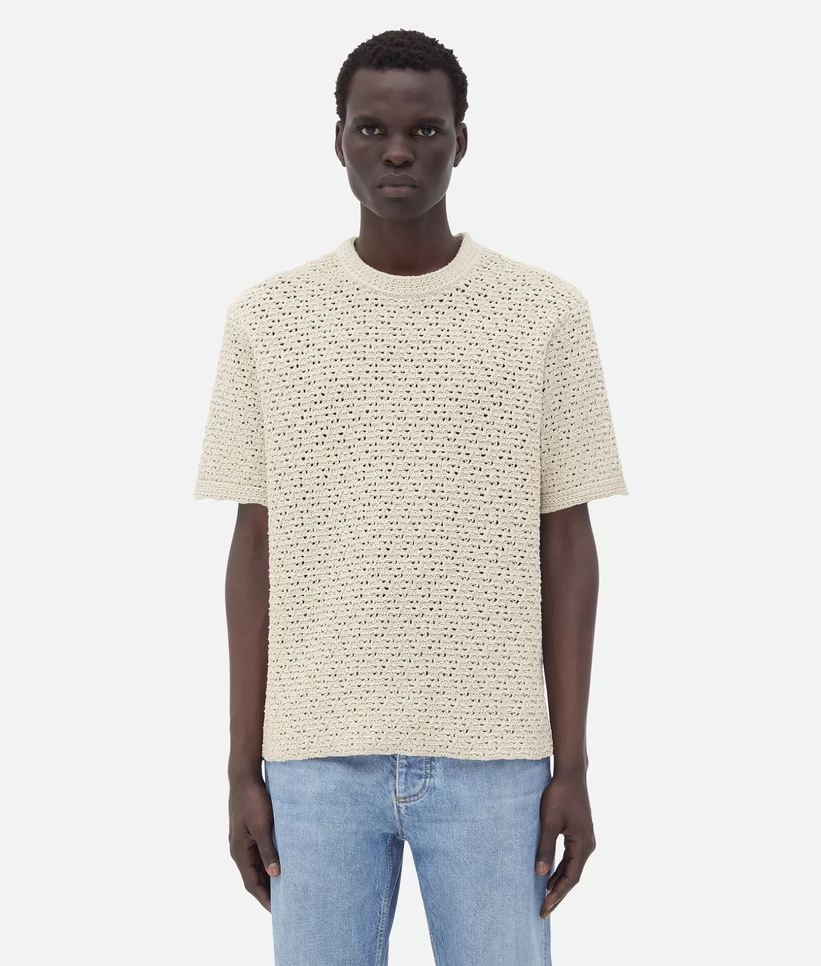 T-Shirts>Bottega Veneta Cotton Crochet T-Shirt Bone/cloud