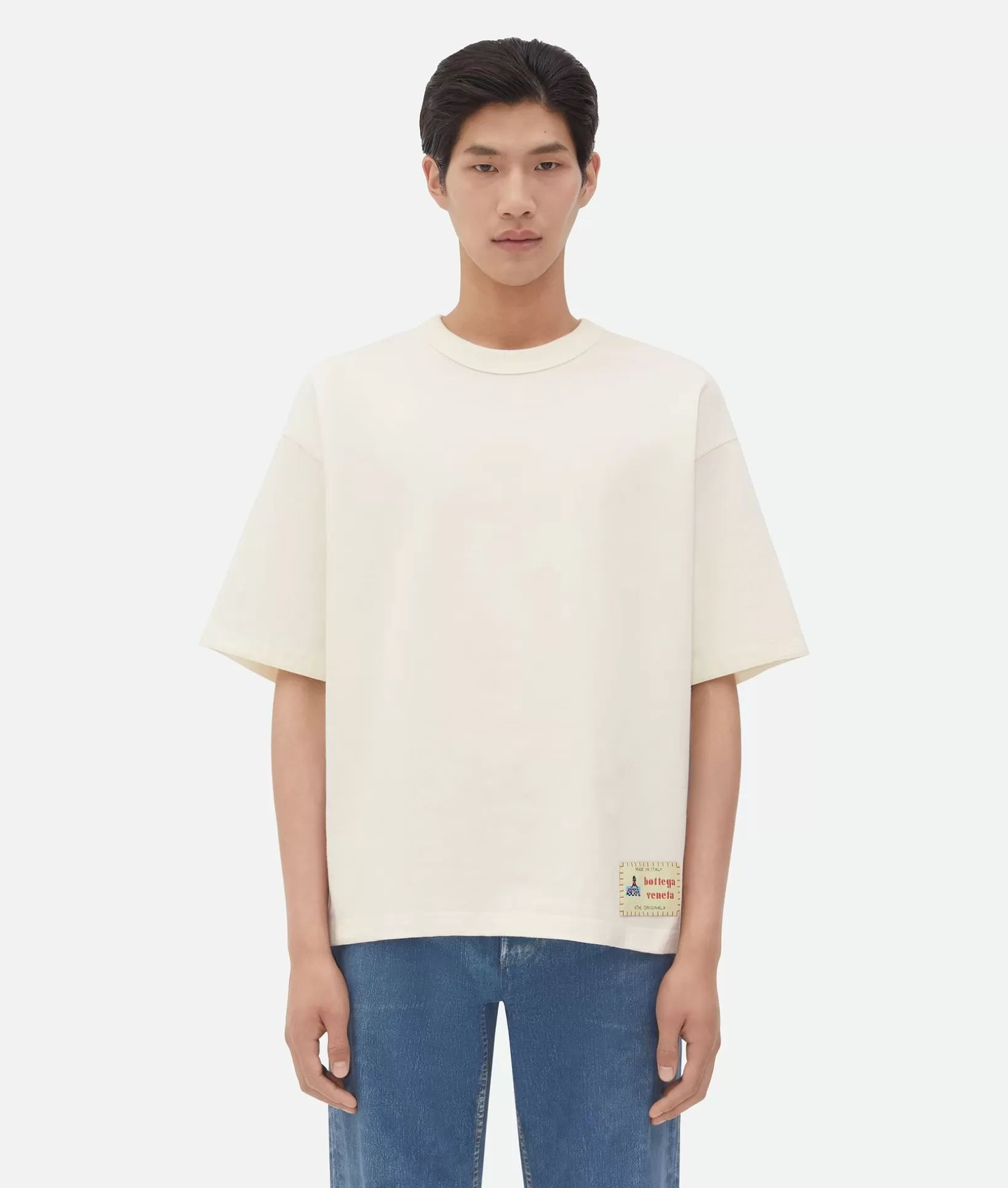 T-Shirts>Bottega Veneta Cotton Jersey T-Shirt With Label Chalk