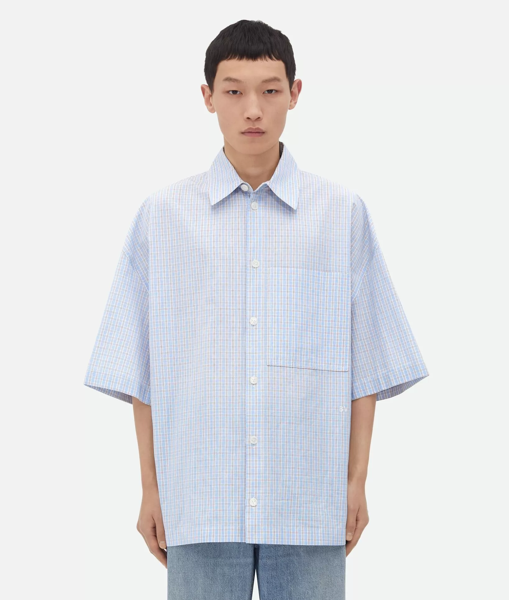 Shirts>Bottega Veneta Cotton Linen Check Overshirt With "BV" Embroidery Pale blue/burgundy