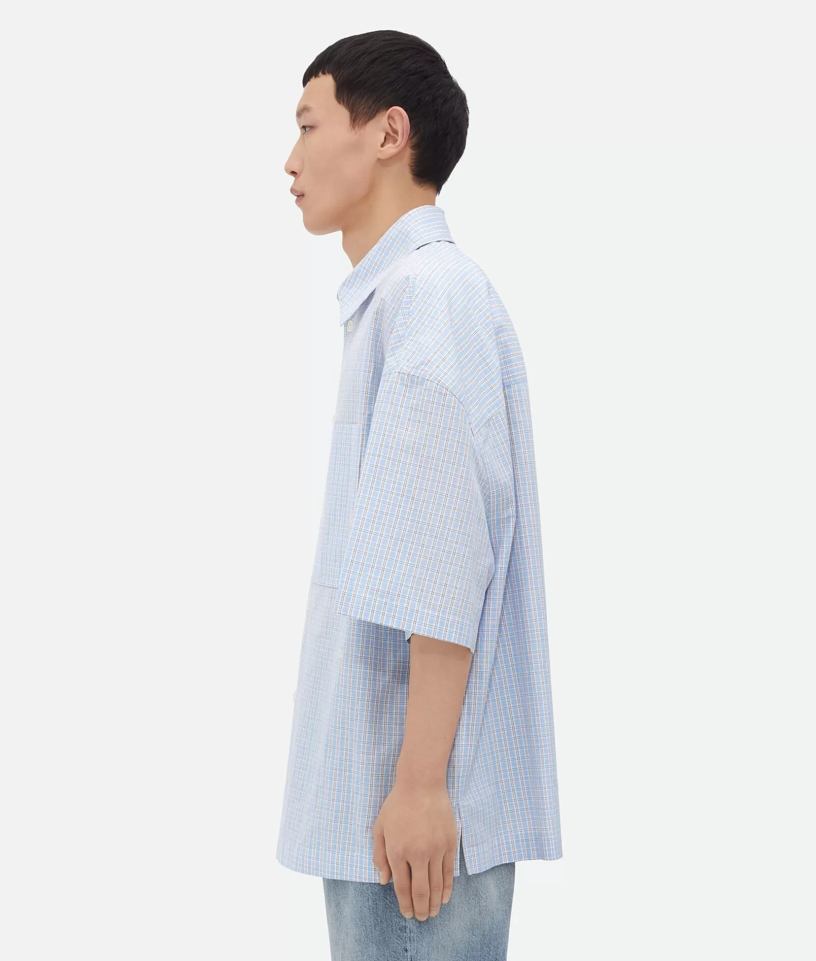 Shirts>Bottega Veneta Cotton Linen Check Overshirt With "BV" Embroidery Pale blue/burgundy