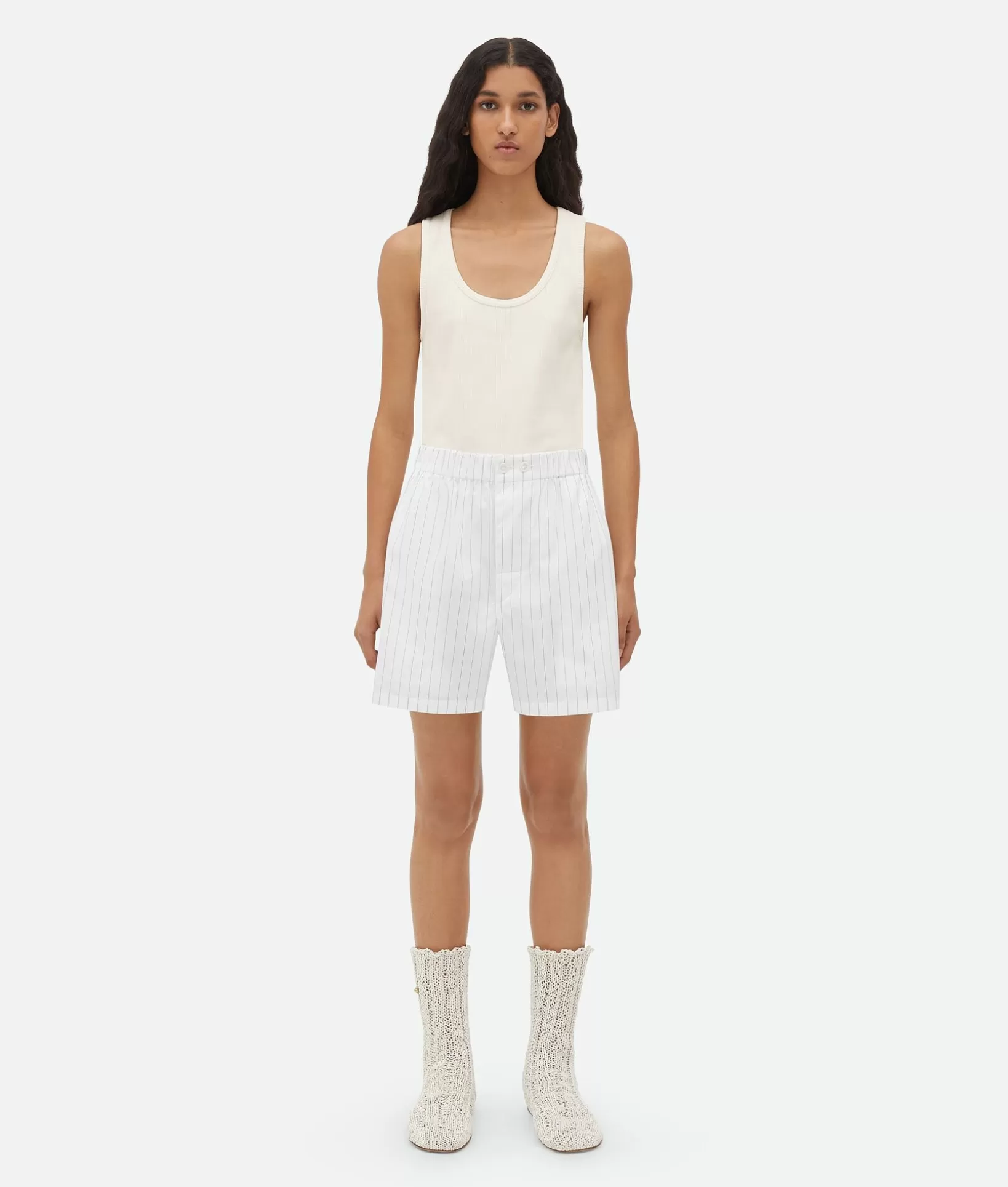 Trousers And Shorts>Bottega Veneta Cotton Pinstripe Shorts White / Beige