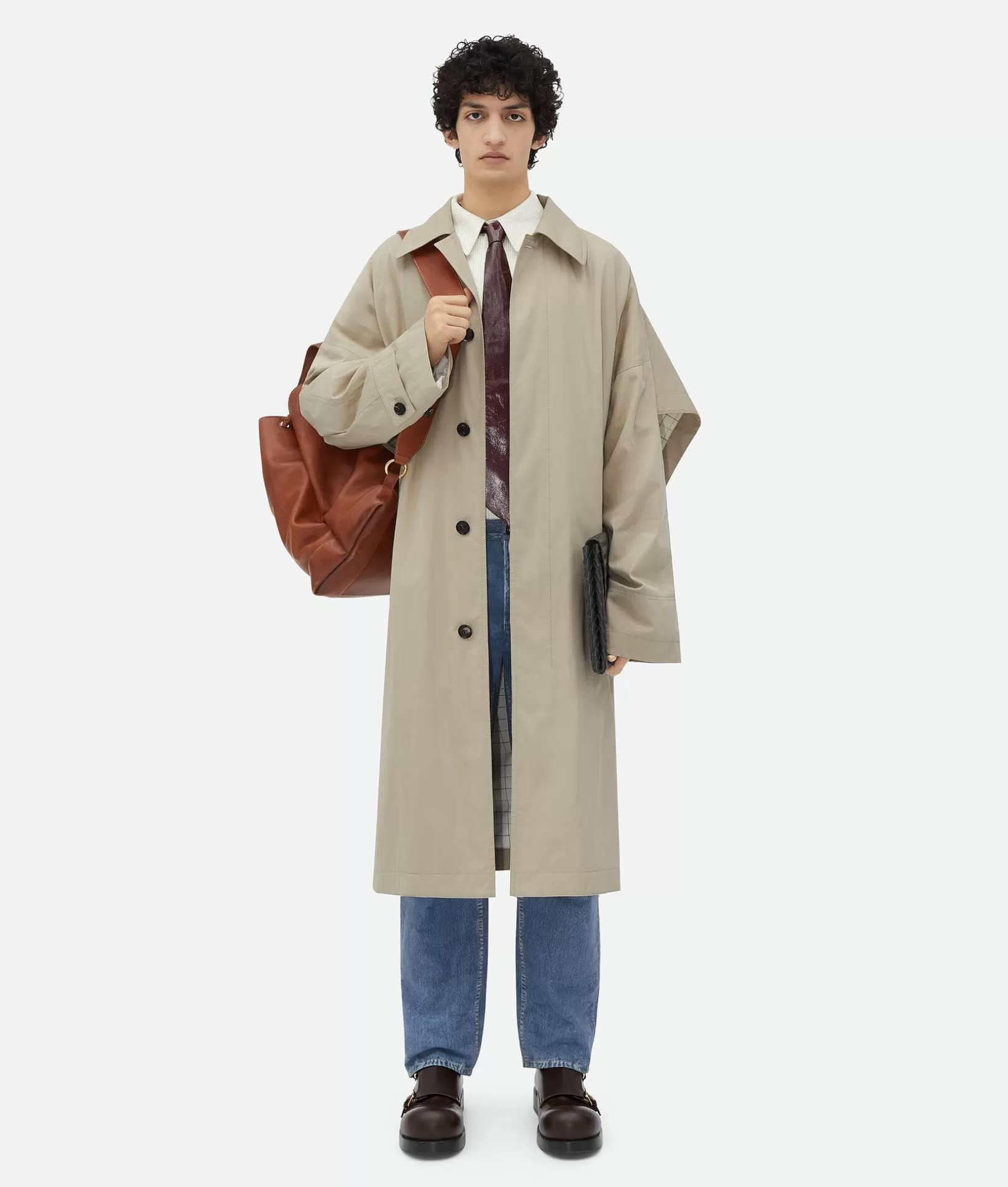 Coats>Bottega Veneta Cotton Silk Cape Trench With Check Lining Rock