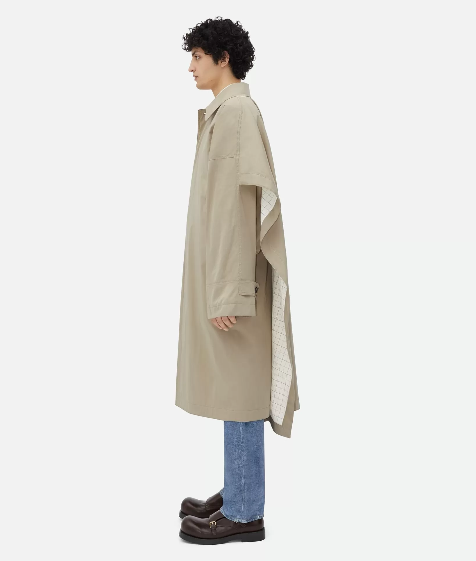 Coats>Bottega Veneta Cotton Silk Cape Trench With Check Lining Rock