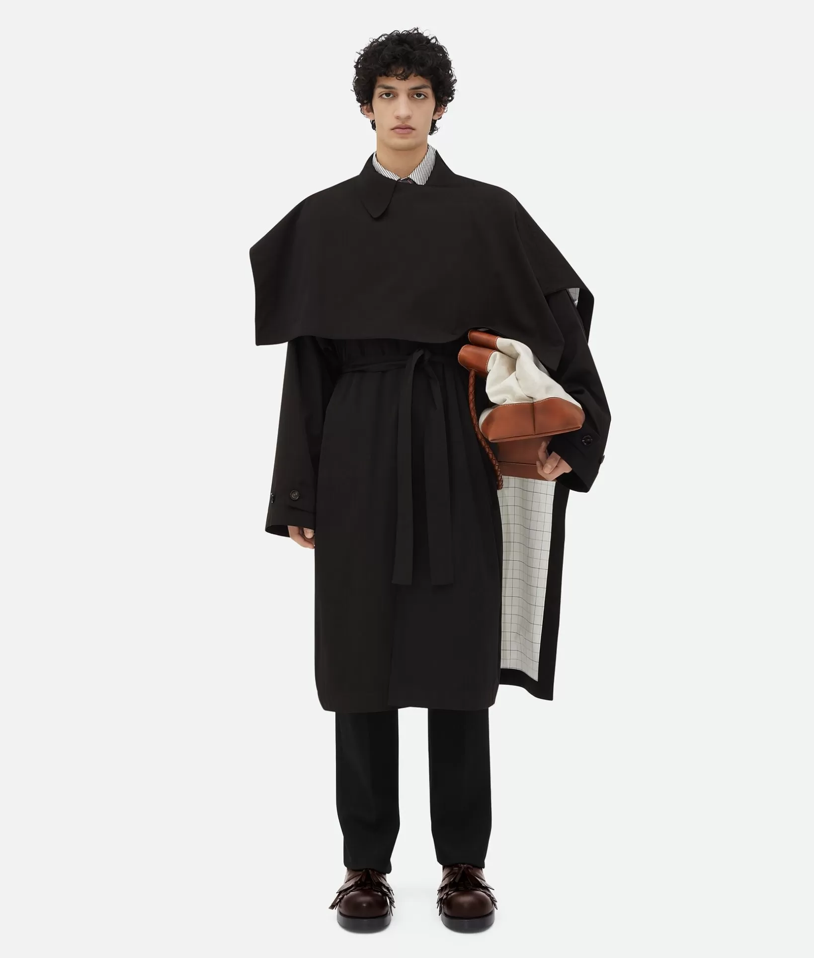 Coats>Bottega Veneta Cotton Silk Cape With Check Lining Off black