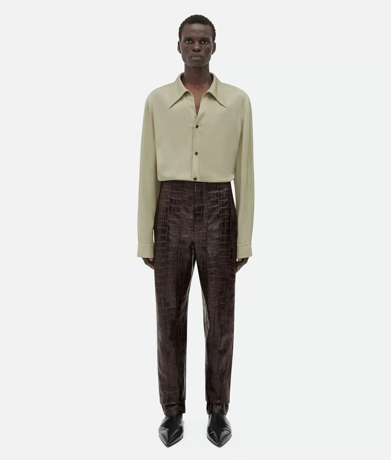 Trousers And Shorts | Leather>Bottega Veneta Crocodile-Effect Leather Pants Cobblestone