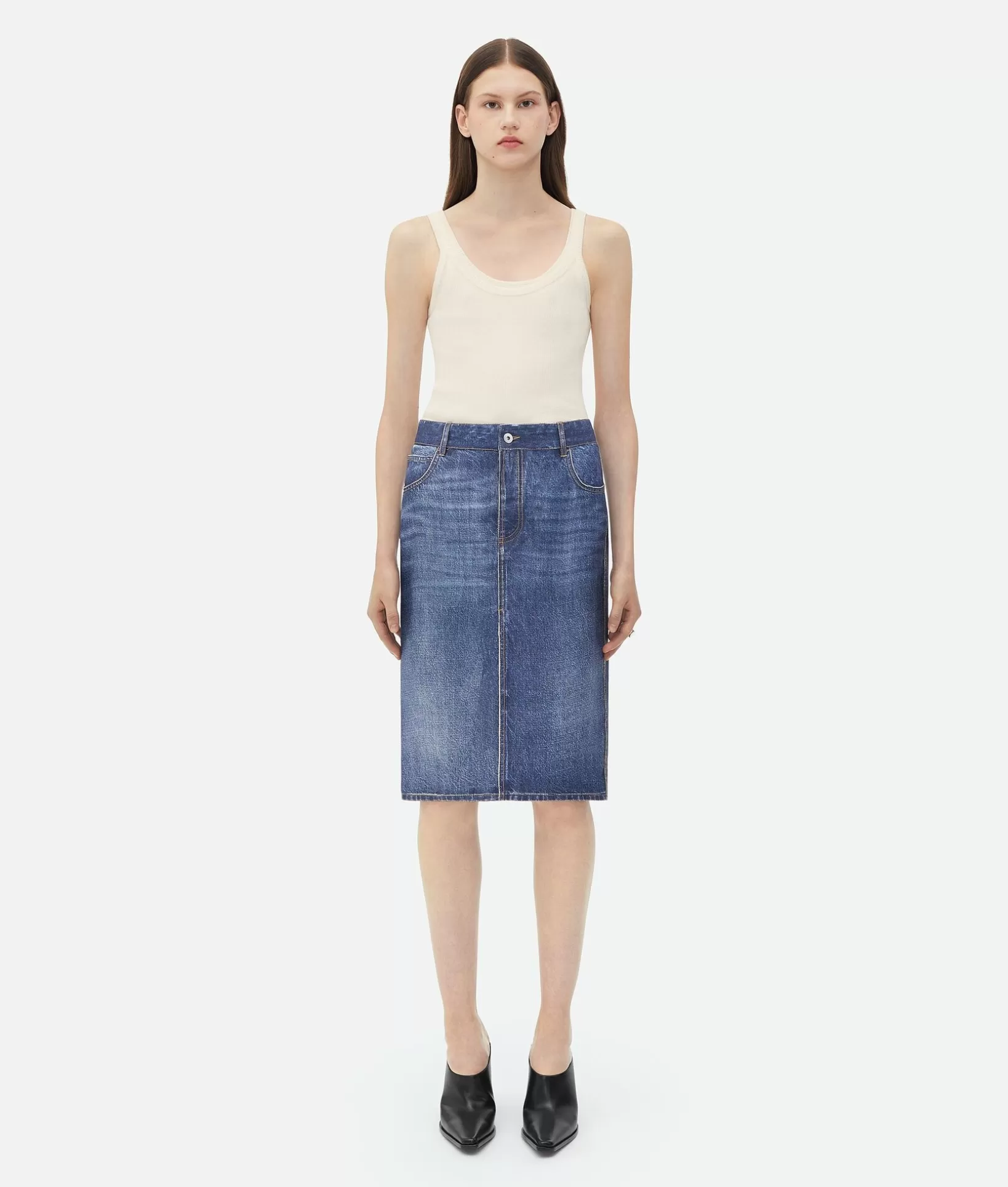 Skirts>Bottega Veneta Denim Printed Silk And Viscose Midi Skirt Indigo