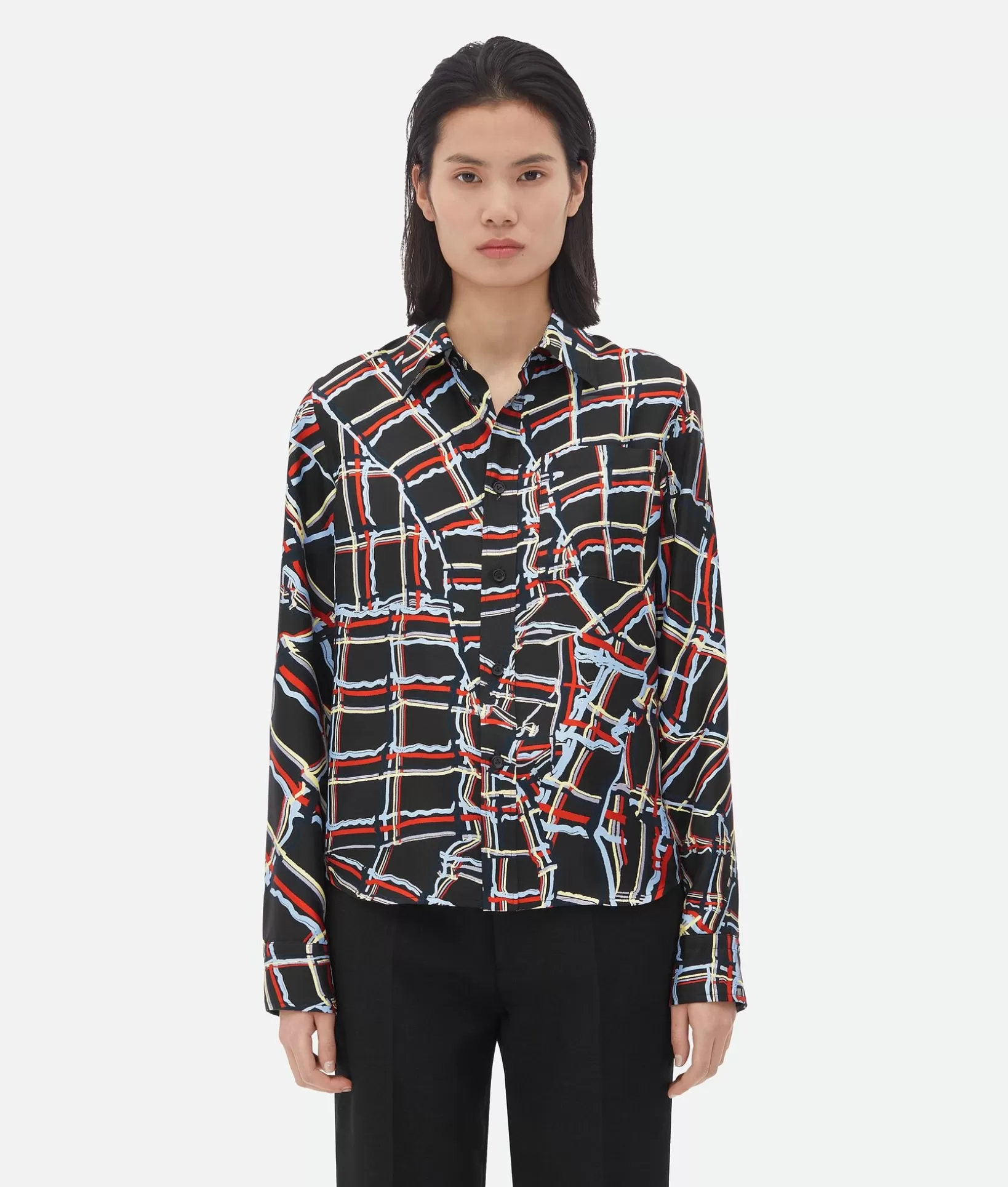 Shirts>Bottega Veneta Distorted Check Printed Silk Shirt Black/blue/red