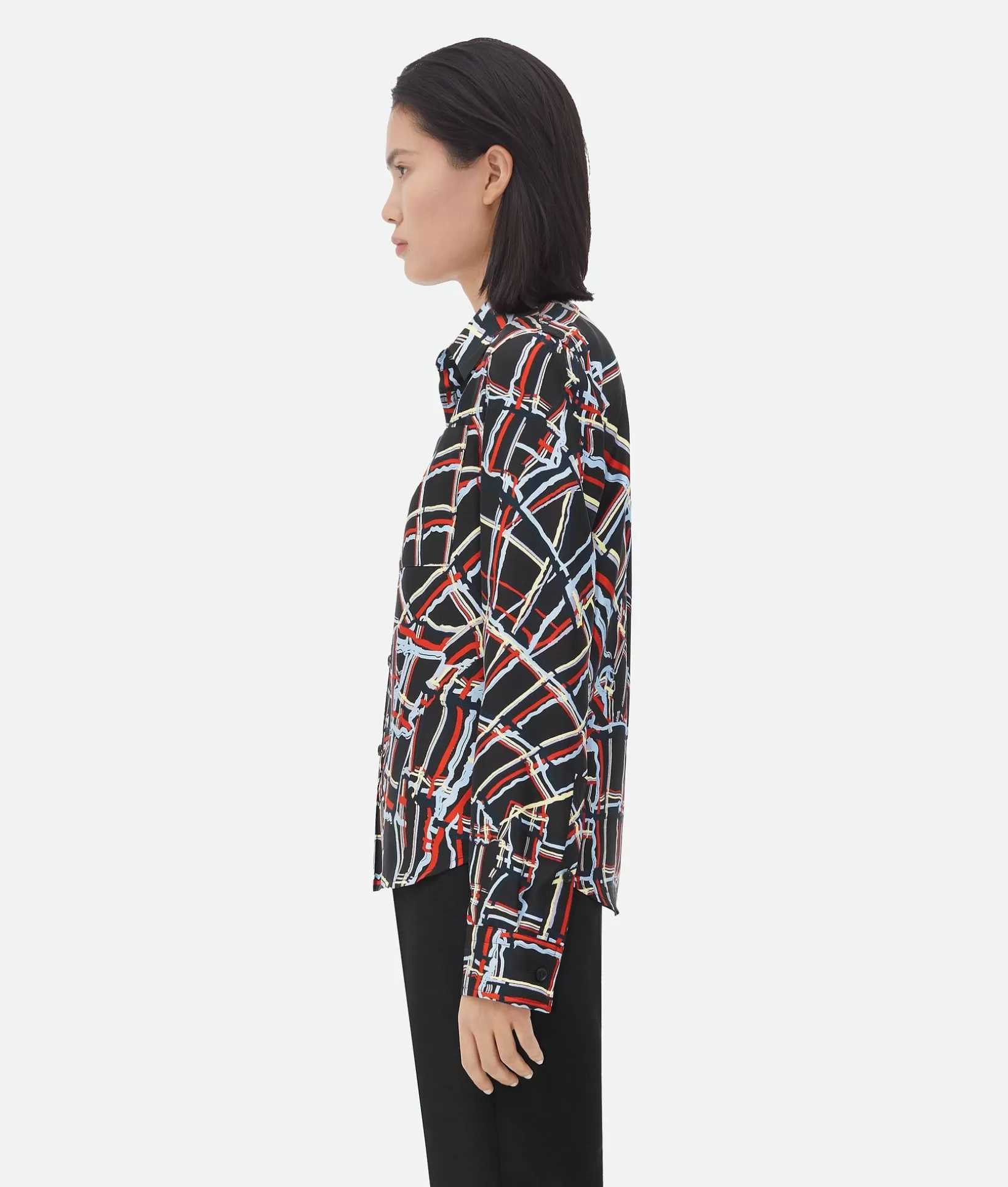 Shirts>Bottega Veneta Distorted Check Printed Silk Shirt Black/blue/red