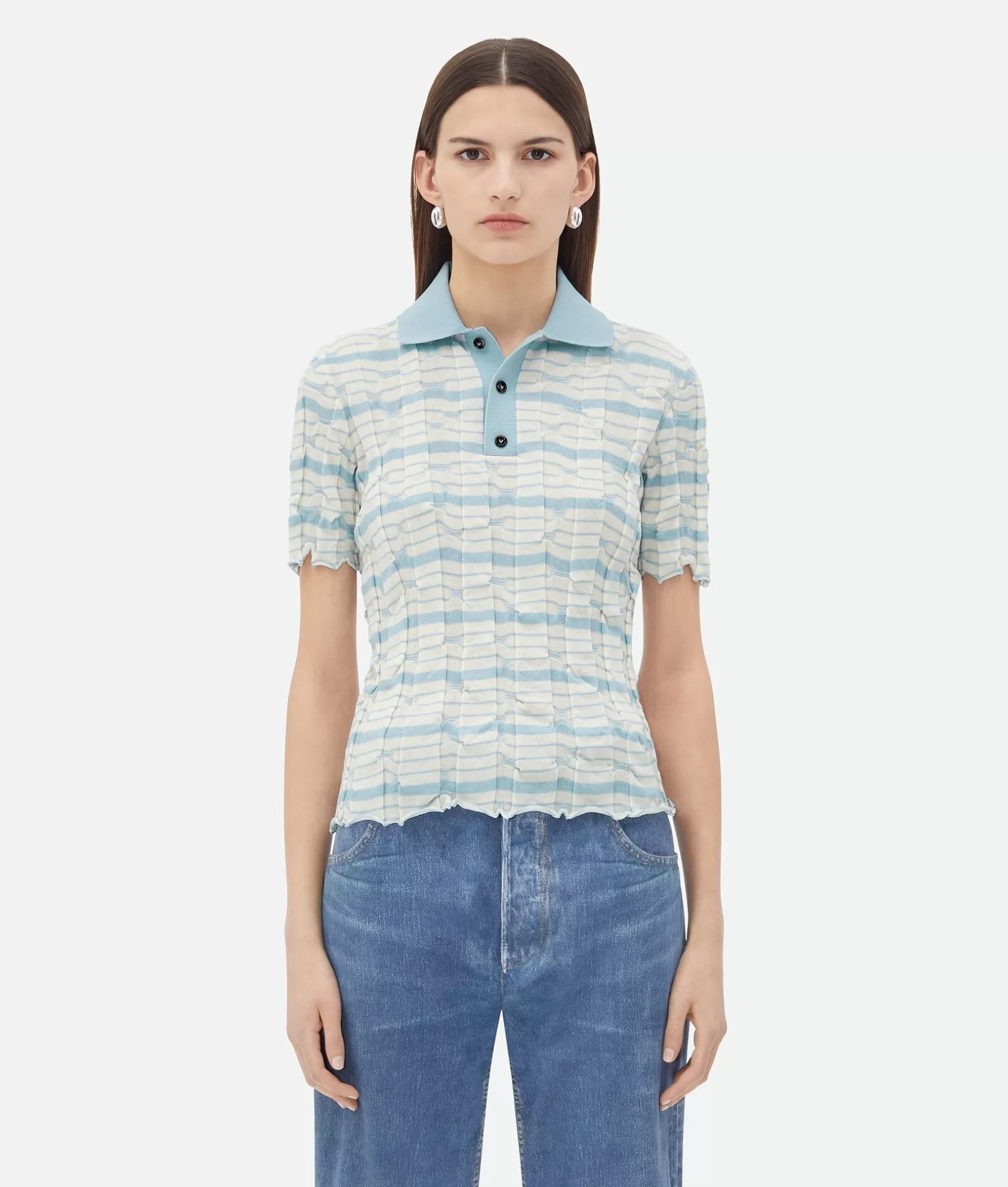 Tops And T-Shirts>Bottega Veneta Distorted Stripe Cotton Polo Chalk/river