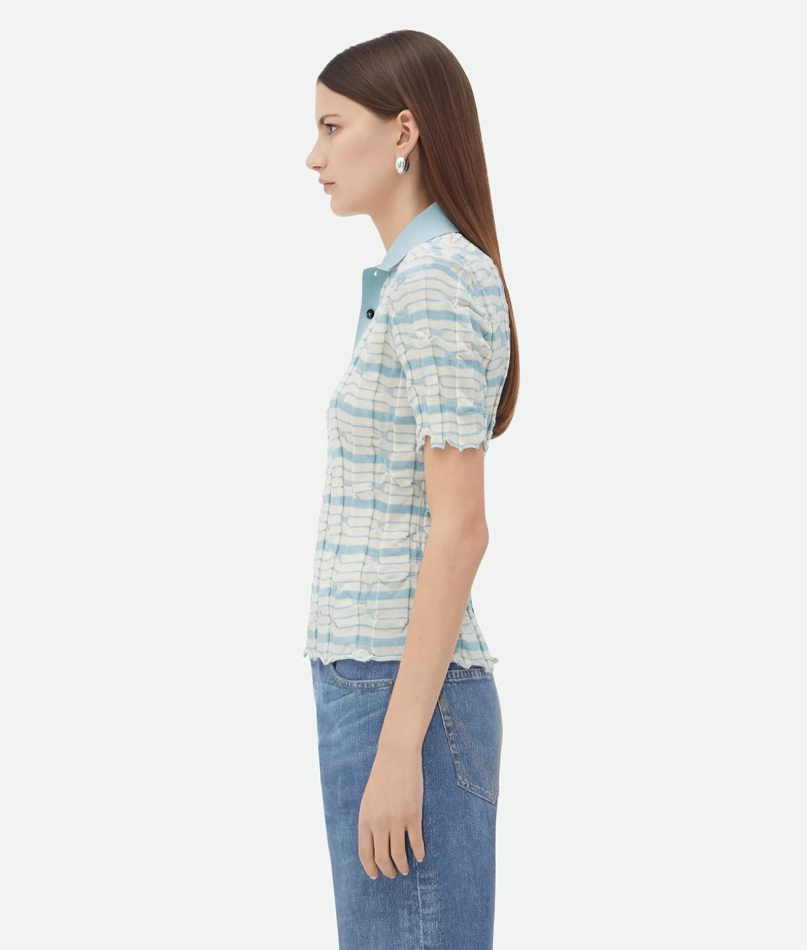 Tops And T-Shirts>Bottega Veneta Distorted Stripe Cotton Polo Chalk/river