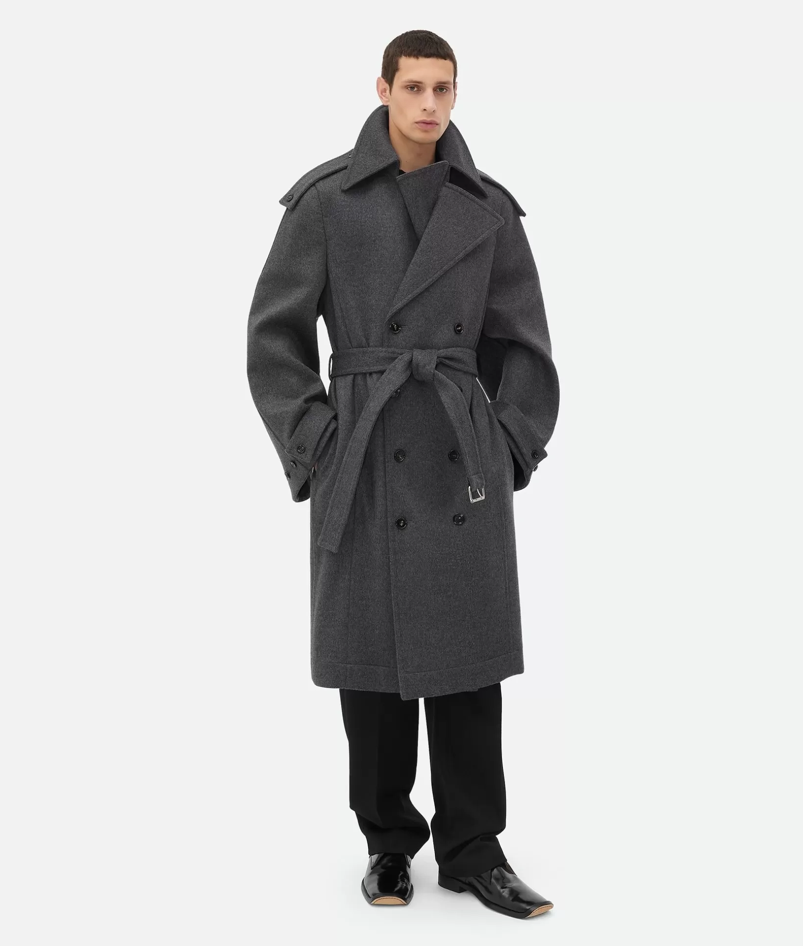 Coats>Bottega Veneta Double Face Wool Trench Coat Charcoal melange