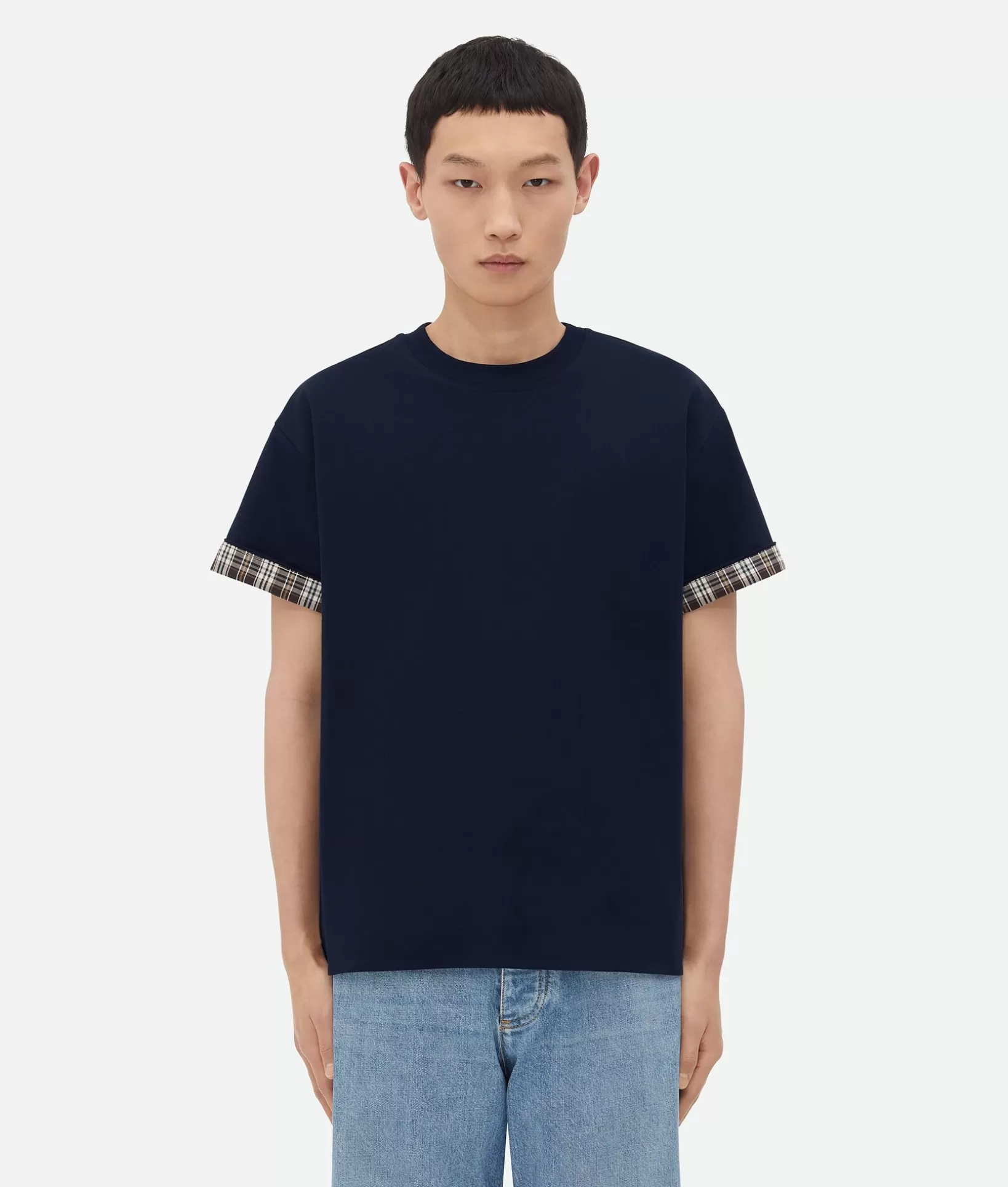 T-Shirts>Bottega Veneta Double Layer Checked Cotton T-Shirt Navy/fondant/dove