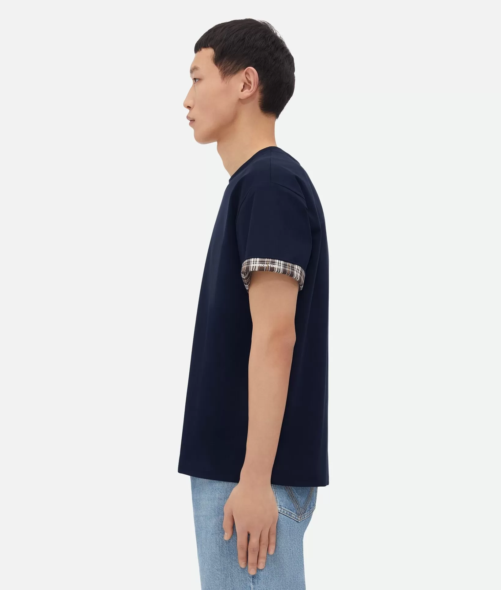 T-Shirts>Bottega Veneta Double Layer Checked Cotton T-Shirt Navy/fondant/dove