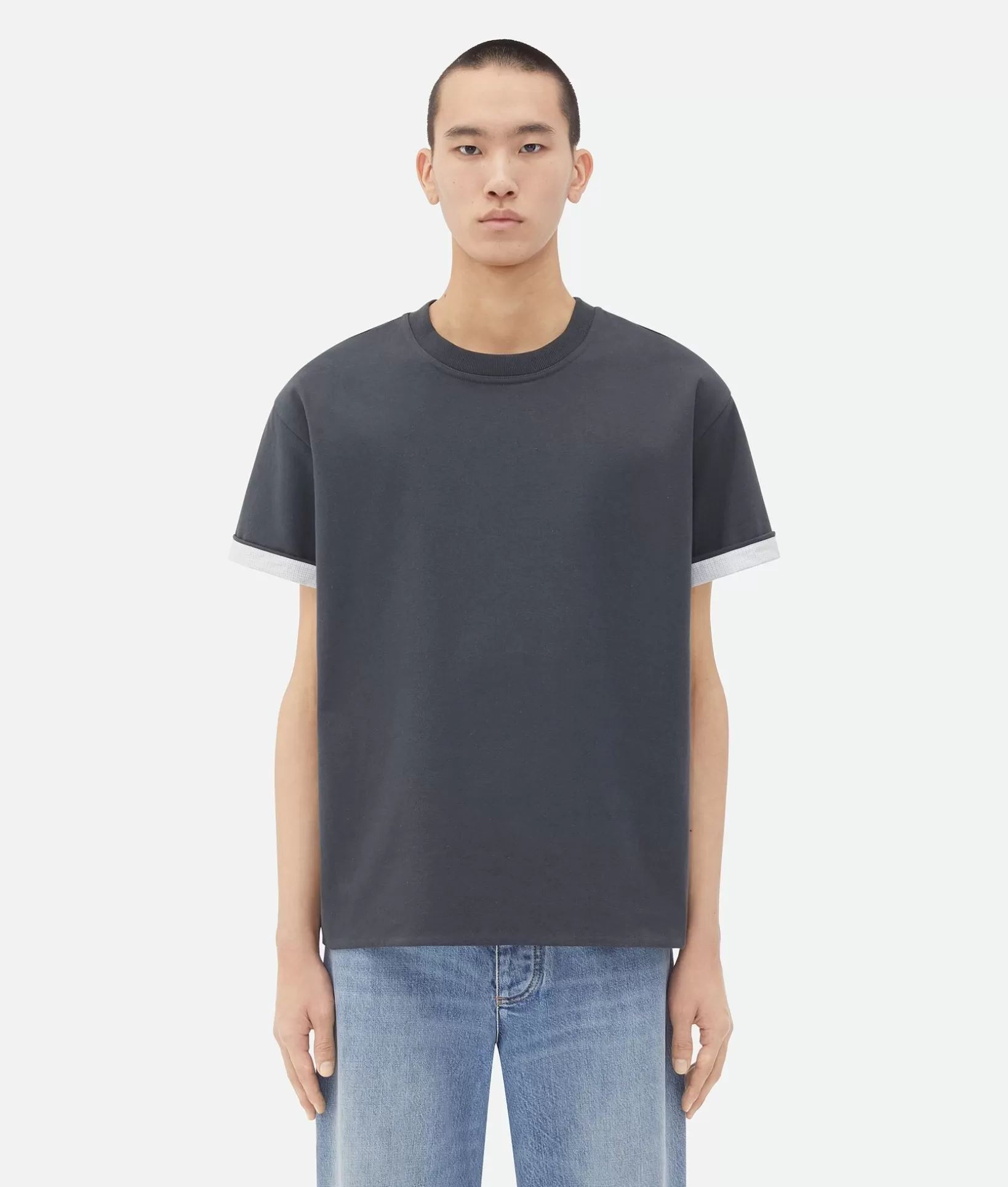 T-Shirts>Bottega Veneta Double Layer Cotton Check T-Shirt Shadow