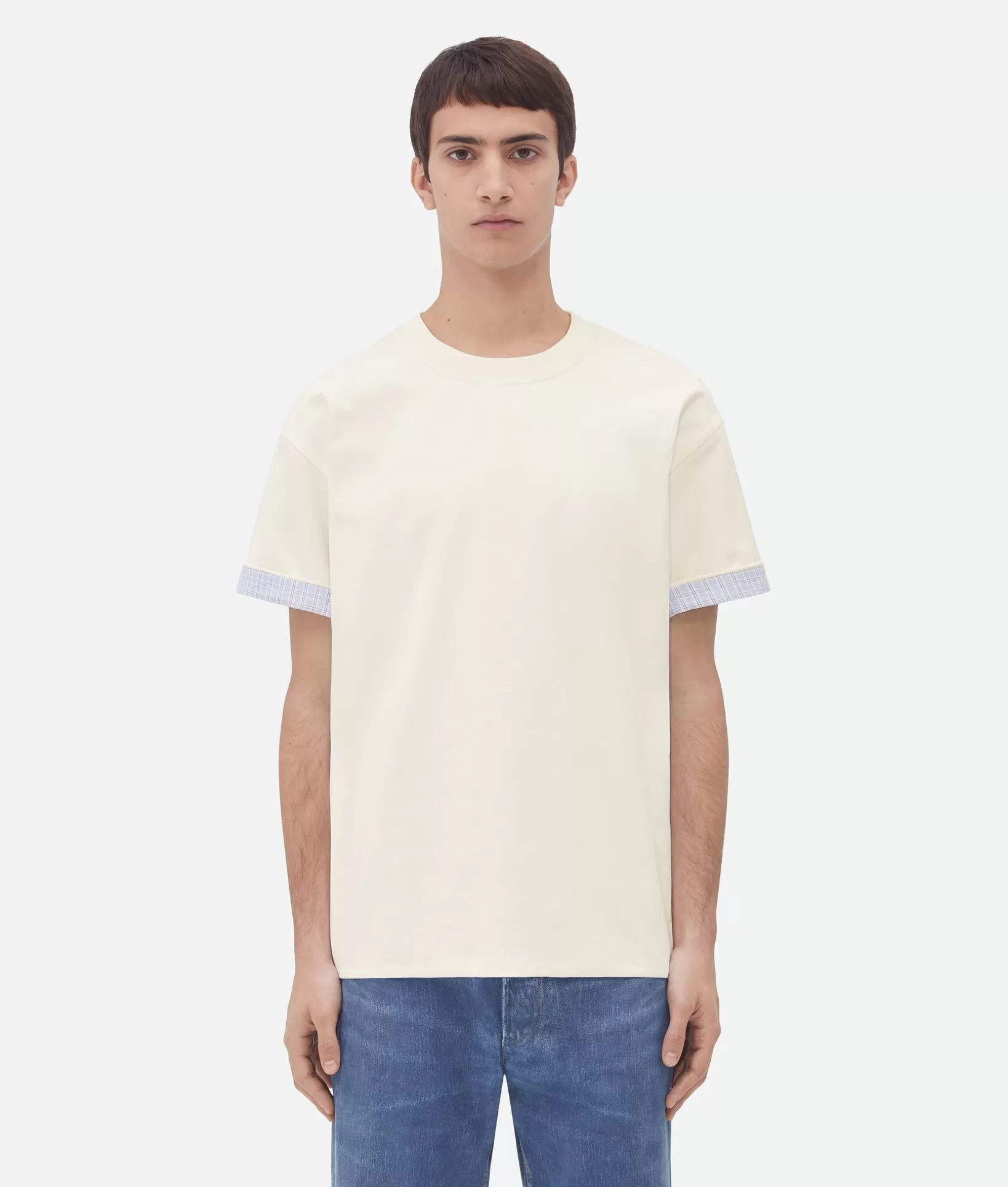 T-Shirts>Bottega Veneta Double Layer Cotton Check T-Shirt Chalk