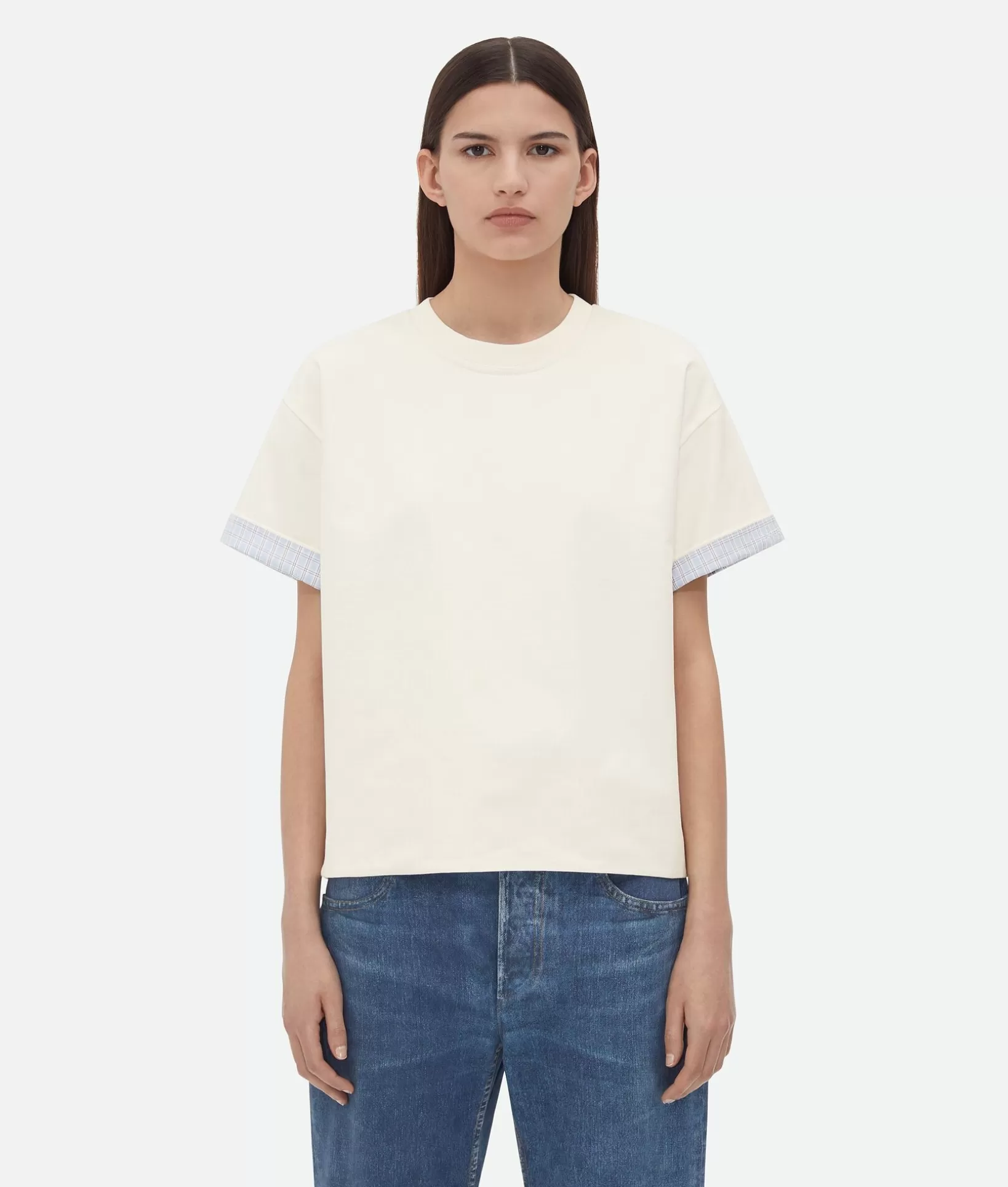 Tops And T-Shirts>Bottega Veneta Double Layer Cotton Check T-Shirt Chalk