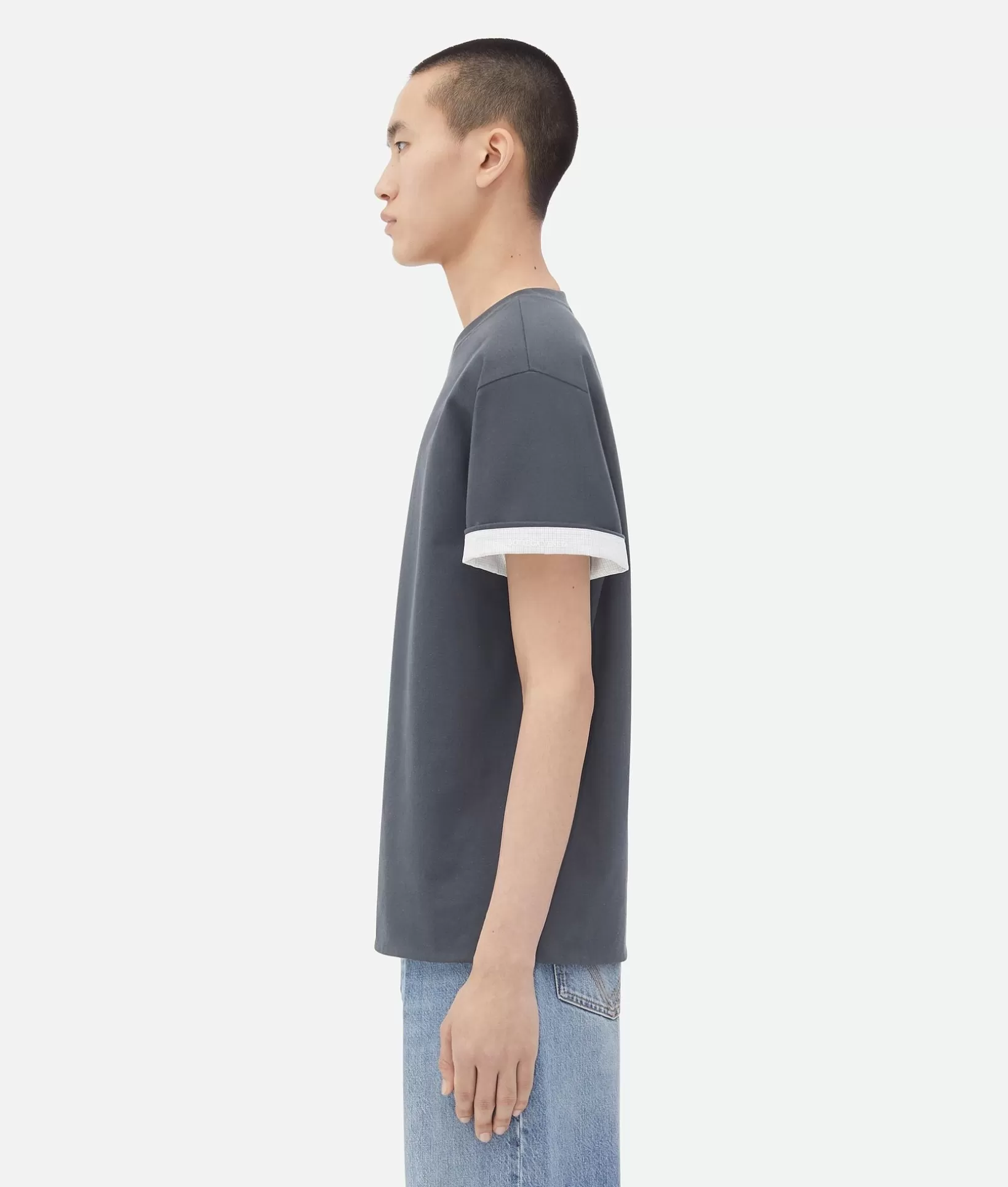 T-Shirts>Bottega Veneta Double Layer Cotton Check T-Shirt Shadow