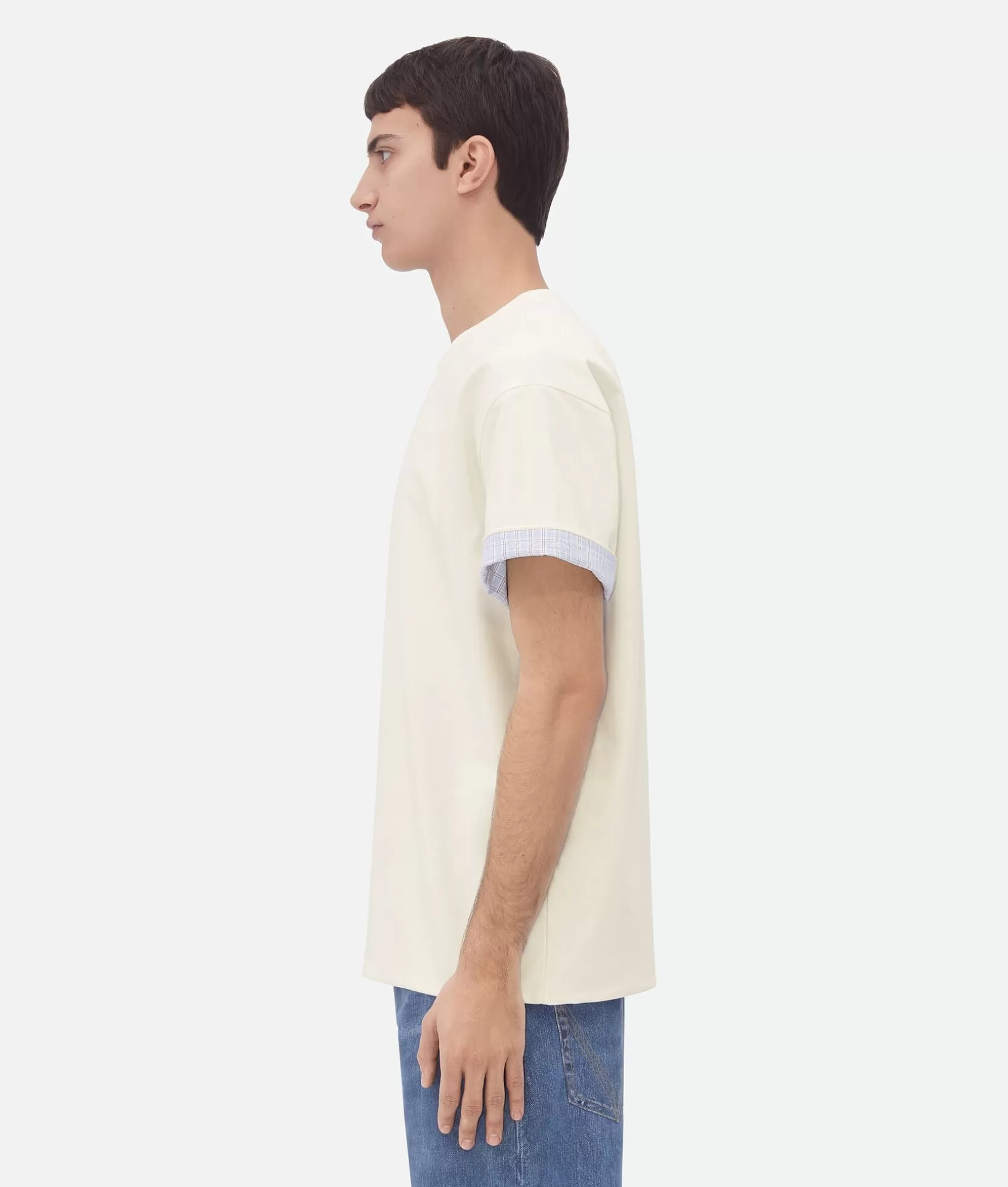 T-Shirts>Bottega Veneta Double Layer Cotton Check T-Shirt Chalk