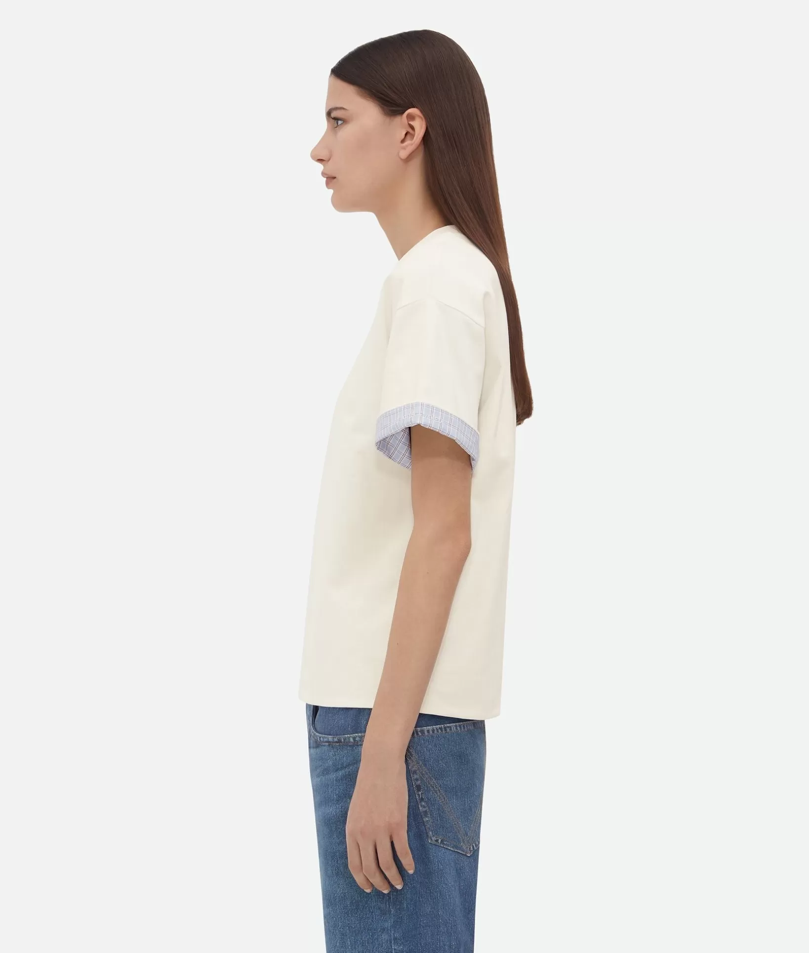 Tops And T-Shirts>Bottega Veneta Double Layer Cotton Check T-Shirt Chalk