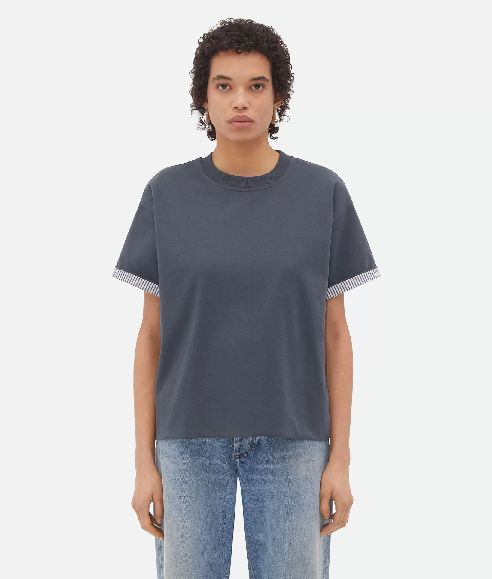 Tops And T-Shirts>Bottega Veneta Double Layer Striped Cotton T-Shirt Shadow