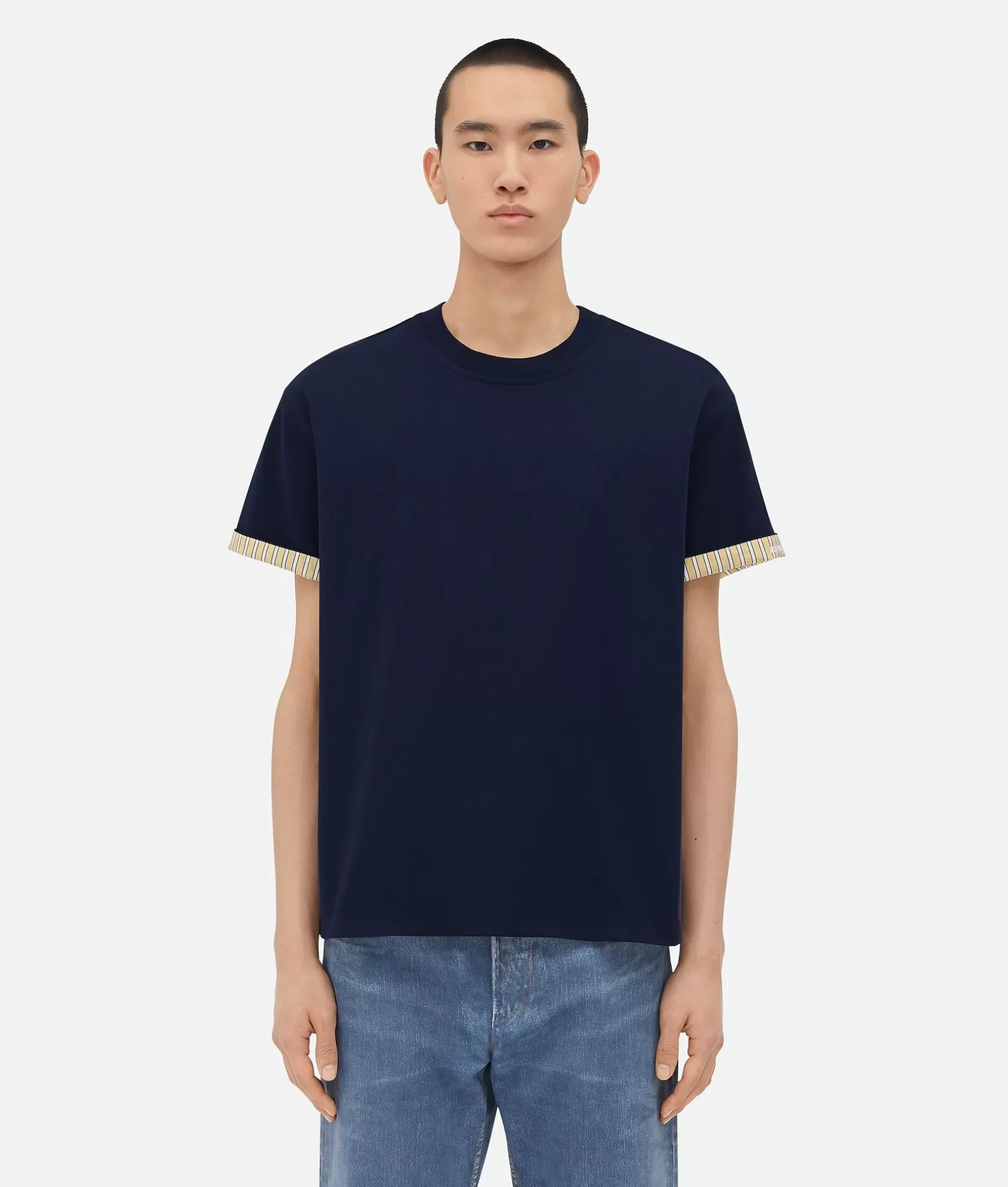 T-Shirts>Bottega Veneta Double Layer Striped Cotton T-Shirt Navy/yellow/white