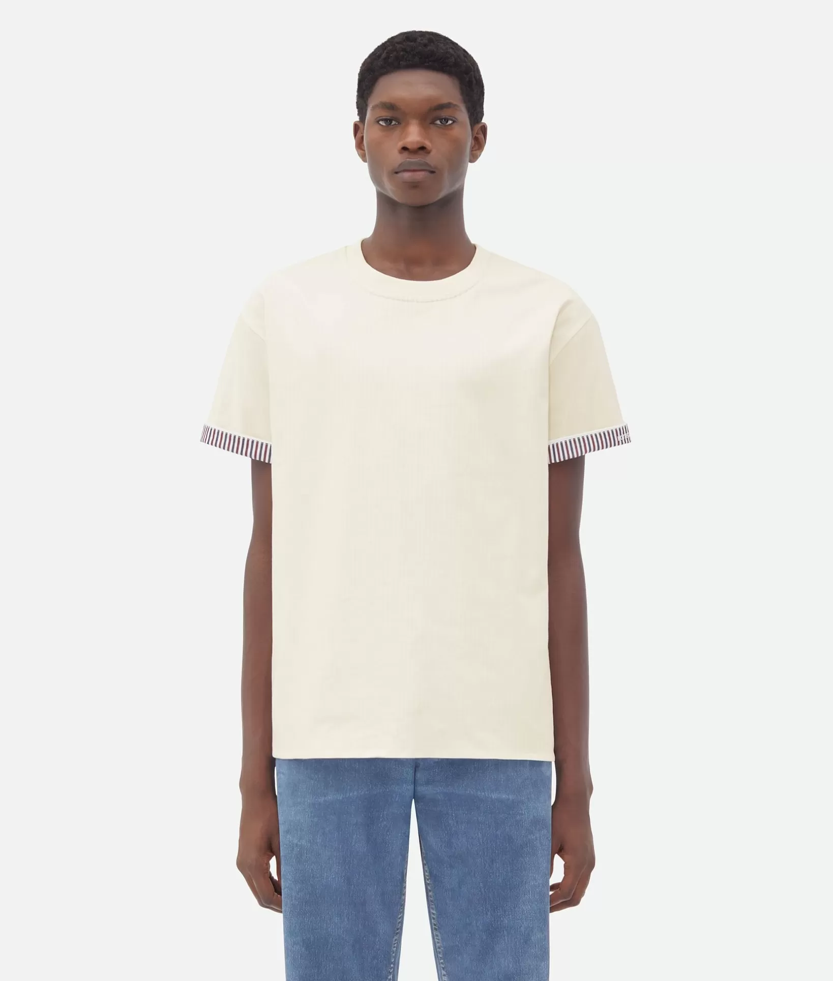 T-Shirts>Bottega Veneta Double Layer Striped Cotton T-Shirt Chalk