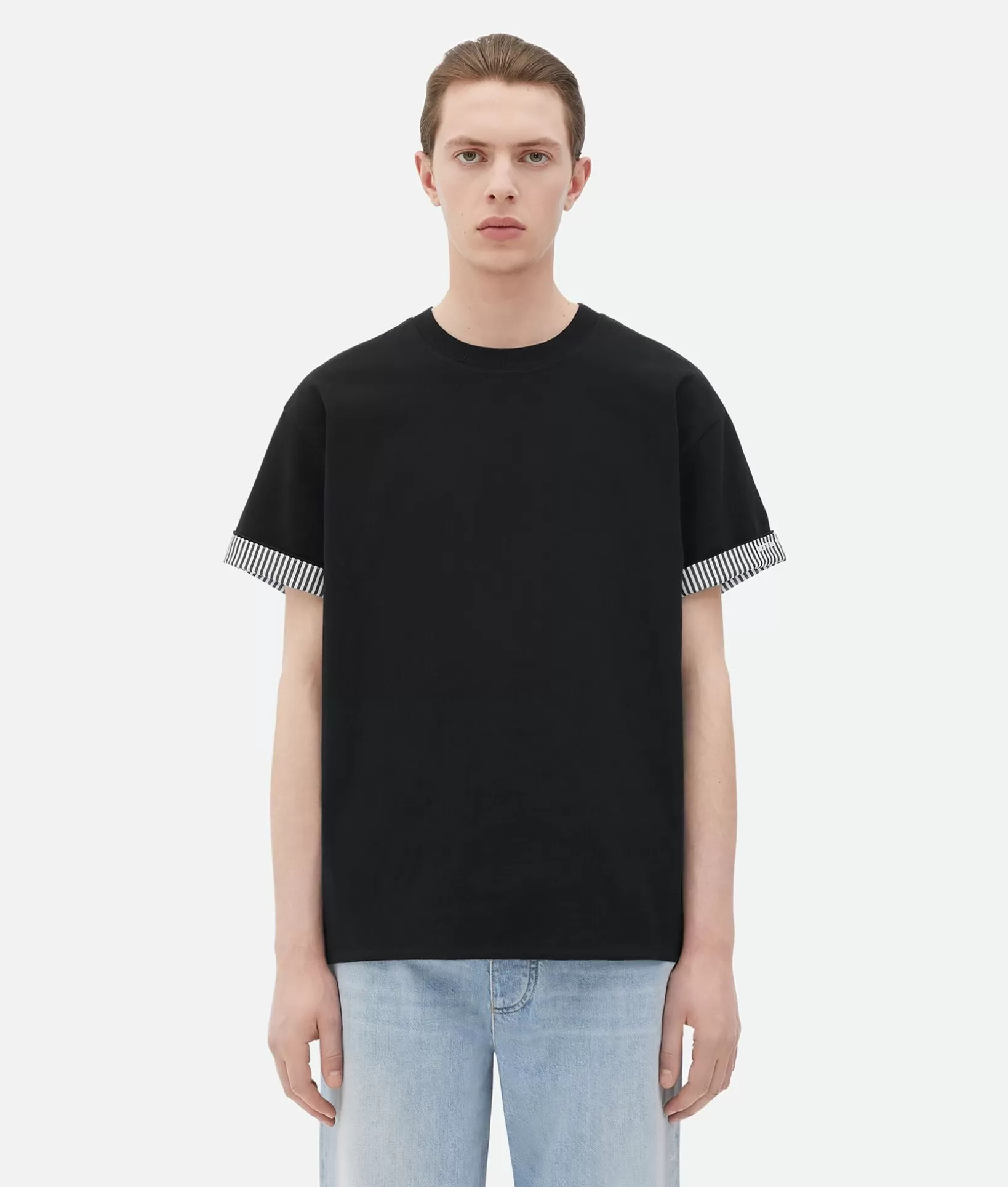 T-Shirts>Bottega Veneta Double Layer Striped Cotton T-Shirt Black