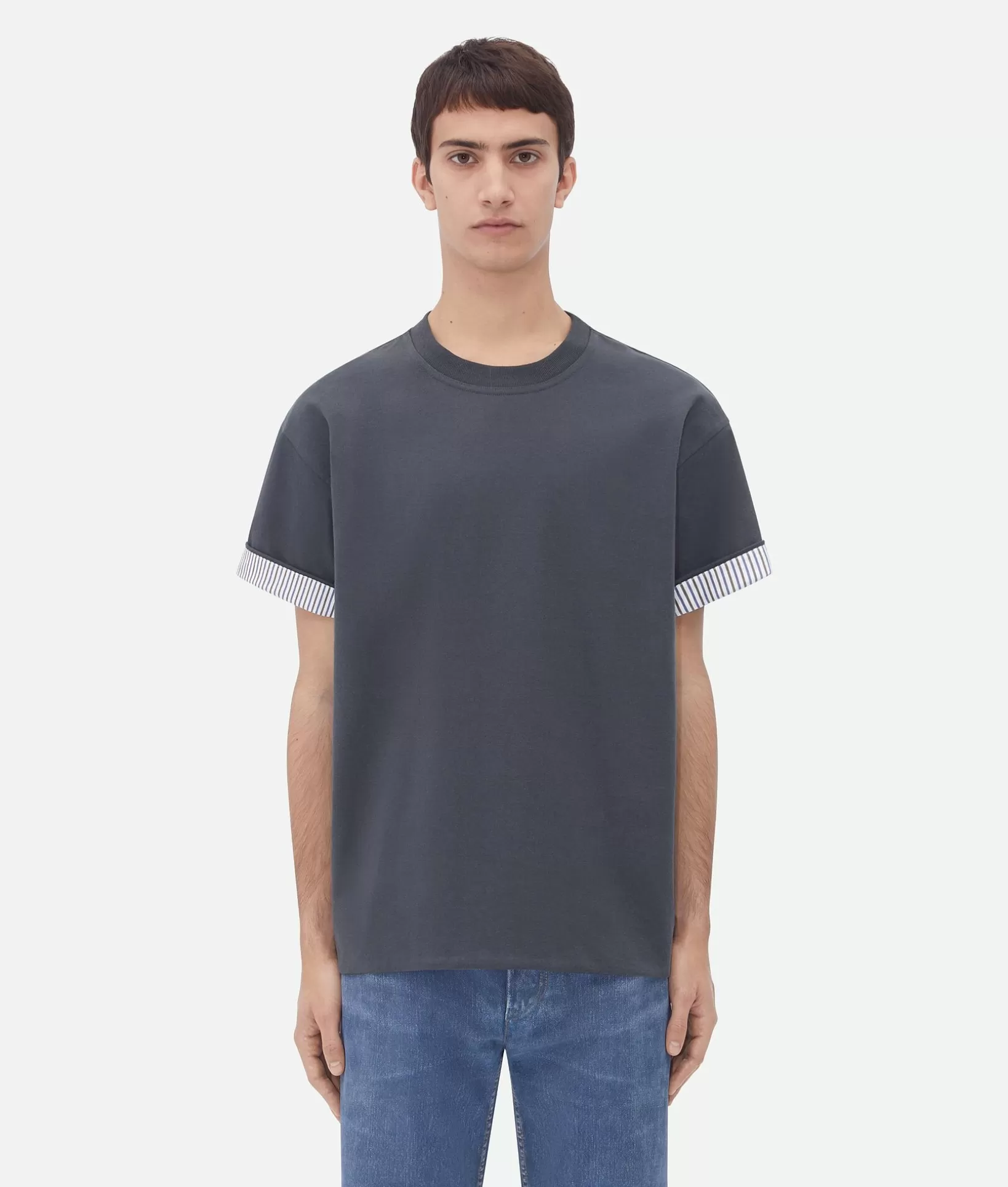 T-Shirts>Bottega Veneta Double Layer Striped Cotton T-Shirt Shadow