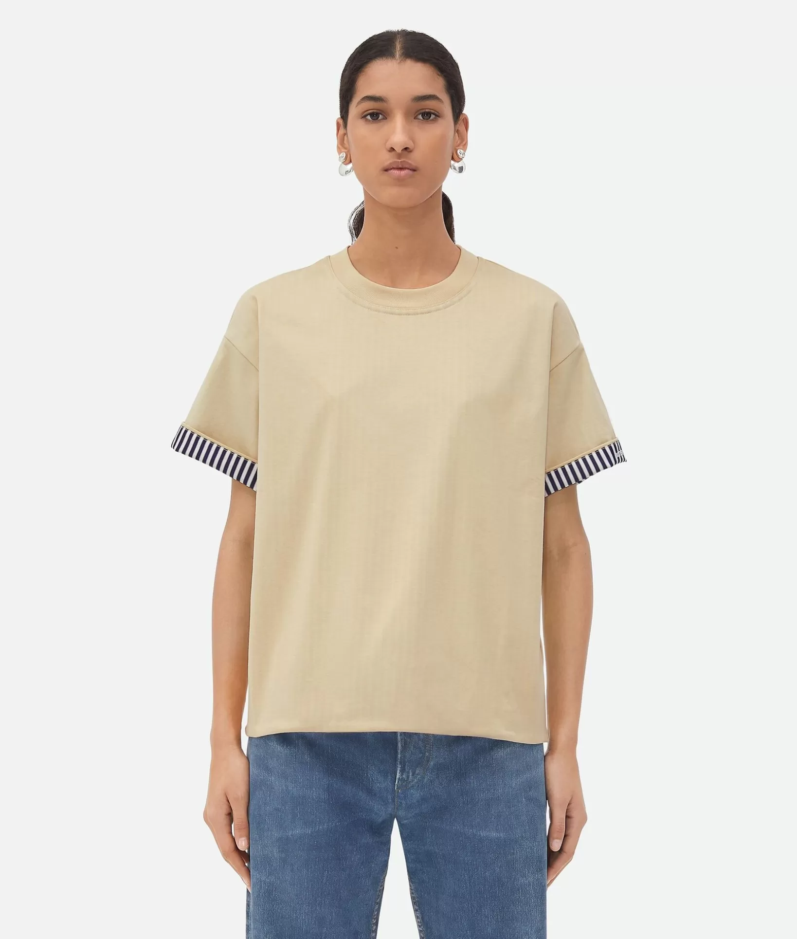 Tops And T-Shirts>Bottega Veneta Double Layer Striped Cotton T-Shirt Soapstone/blue/white