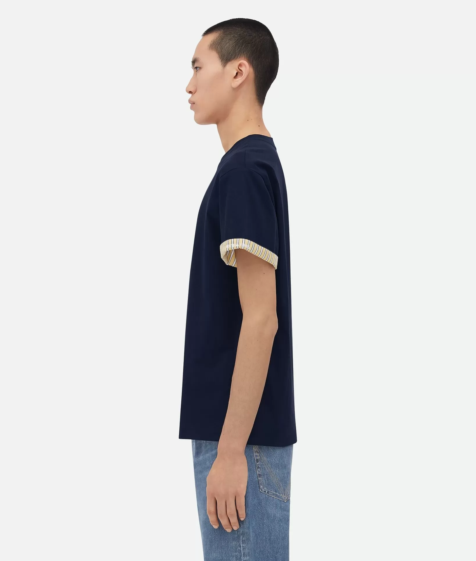 T-Shirts>Bottega Veneta Double Layer Striped Cotton T-Shirt Navy/yellow/white