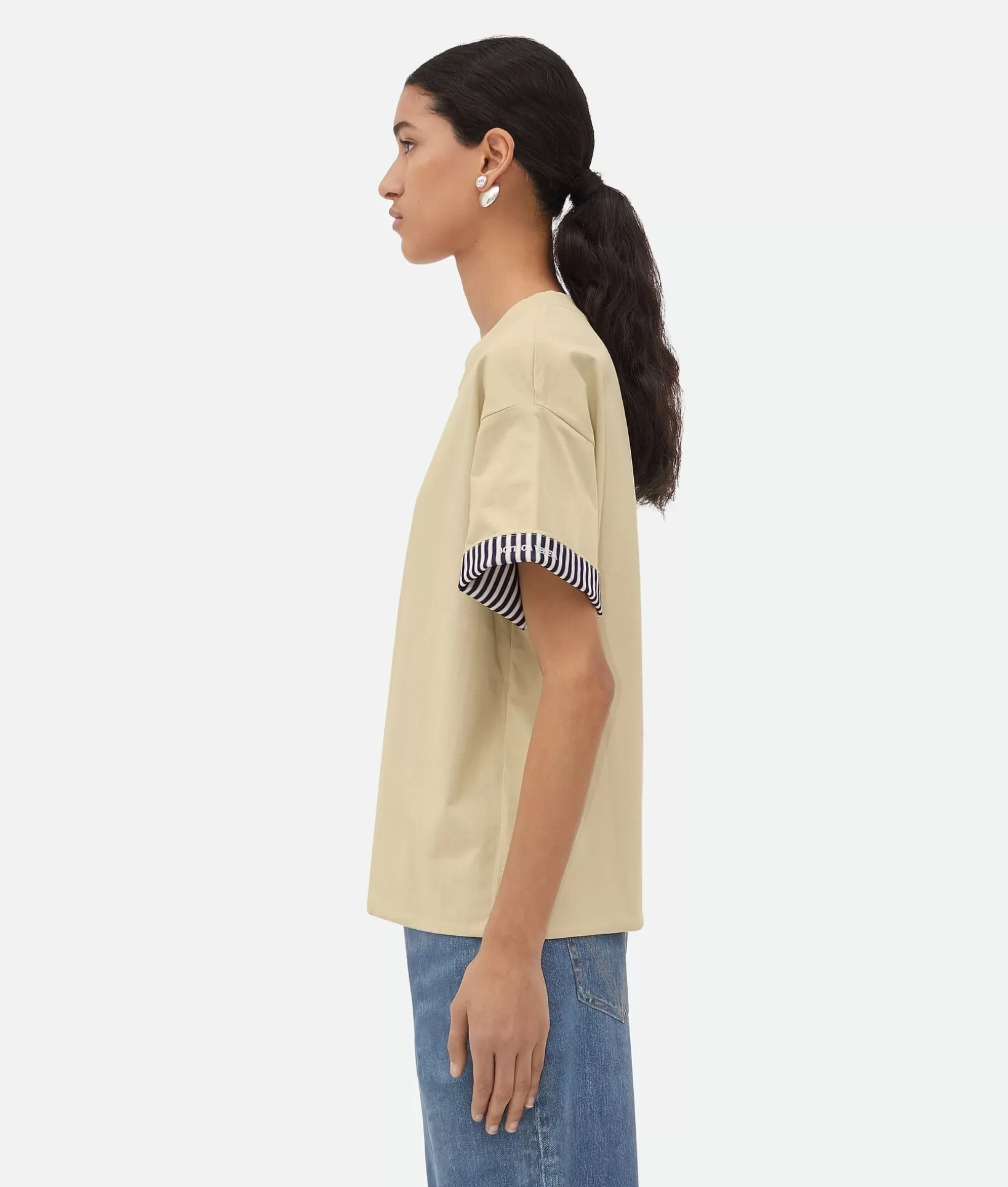 Tops And T-Shirts>Bottega Veneta Double Layer Striped Cotton T-Shirt Soapstone/blue/white