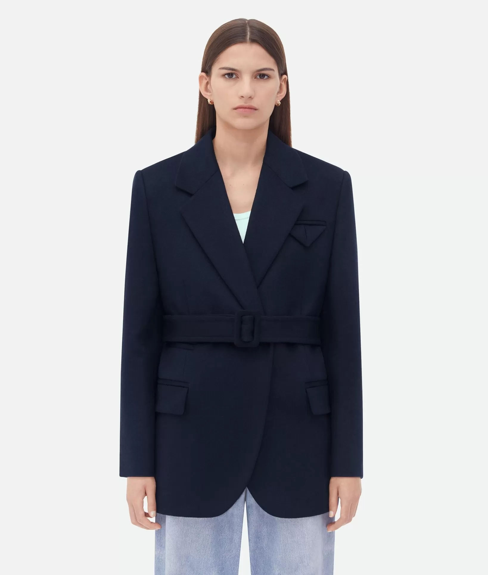 Jackets>Bottega Veneta Double Wool Cashmere Belted Jacket Navy