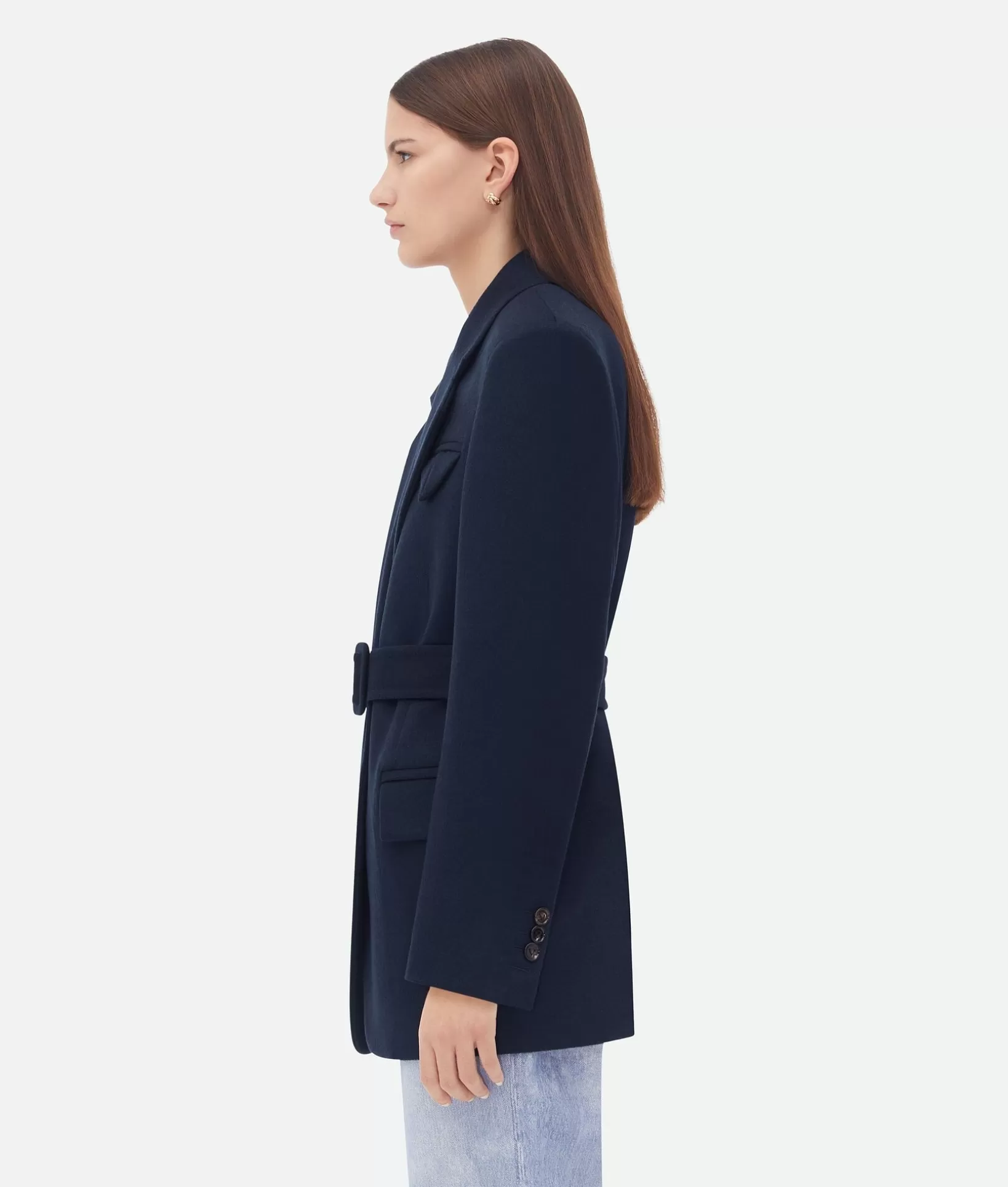 Jackets>Bottega Veneta Double Wool Cashmere Belted Jacket Navy