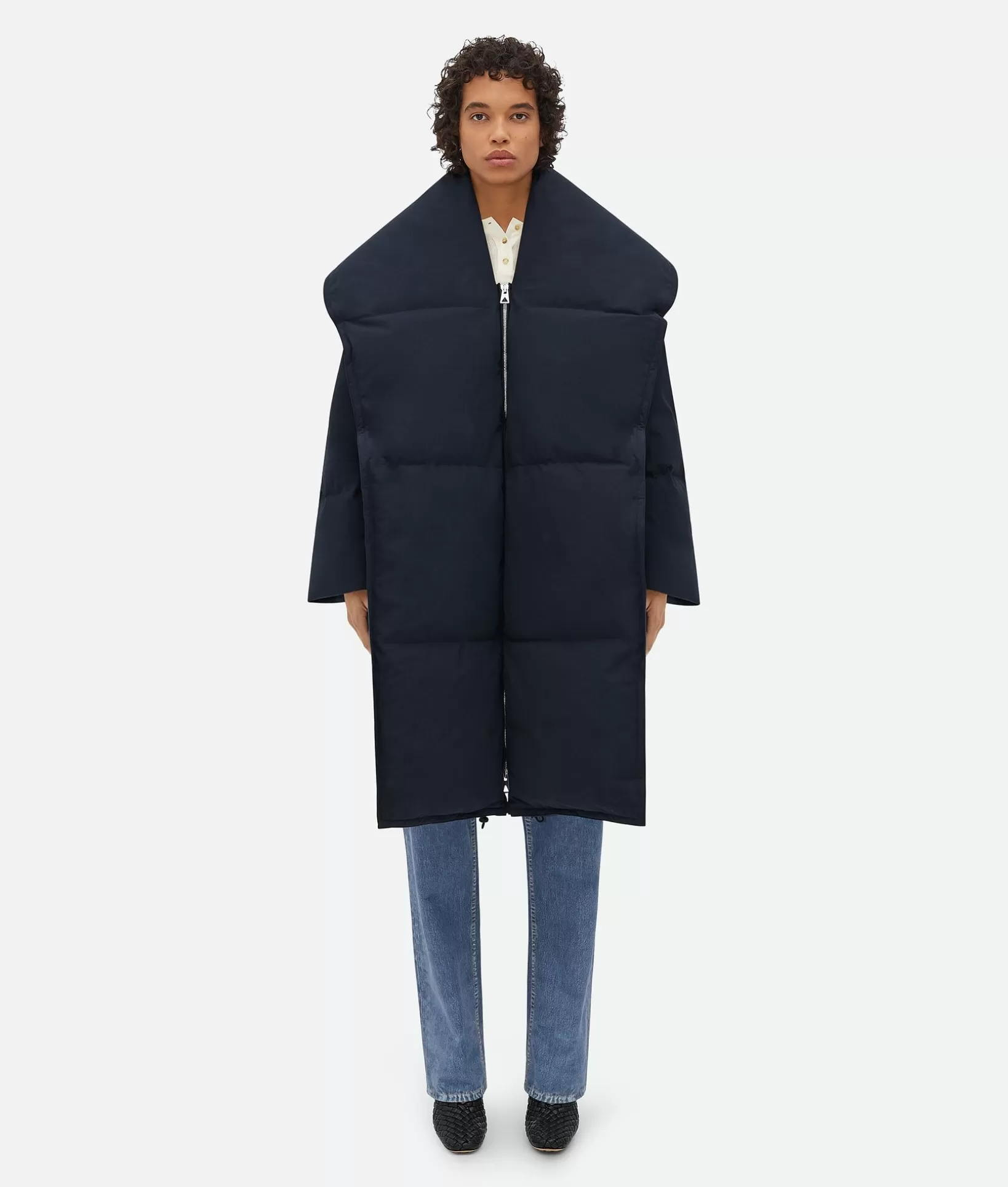 Coats>Bottega Veneta Frosted Poplin Long Puffer Jacket Dark navy