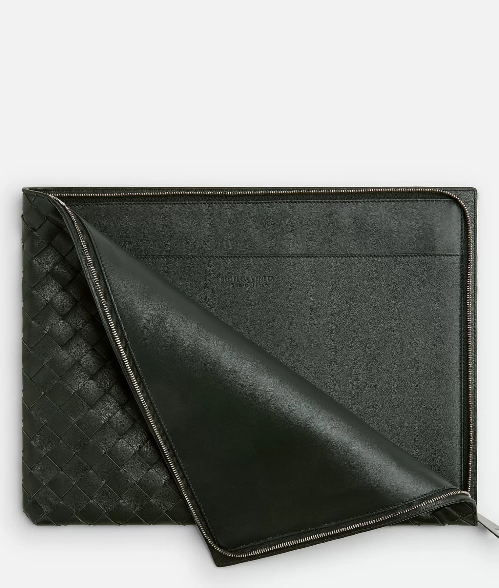 Pouches>Bottega Veneta Intrecciato Half Zip Pouch Dark green