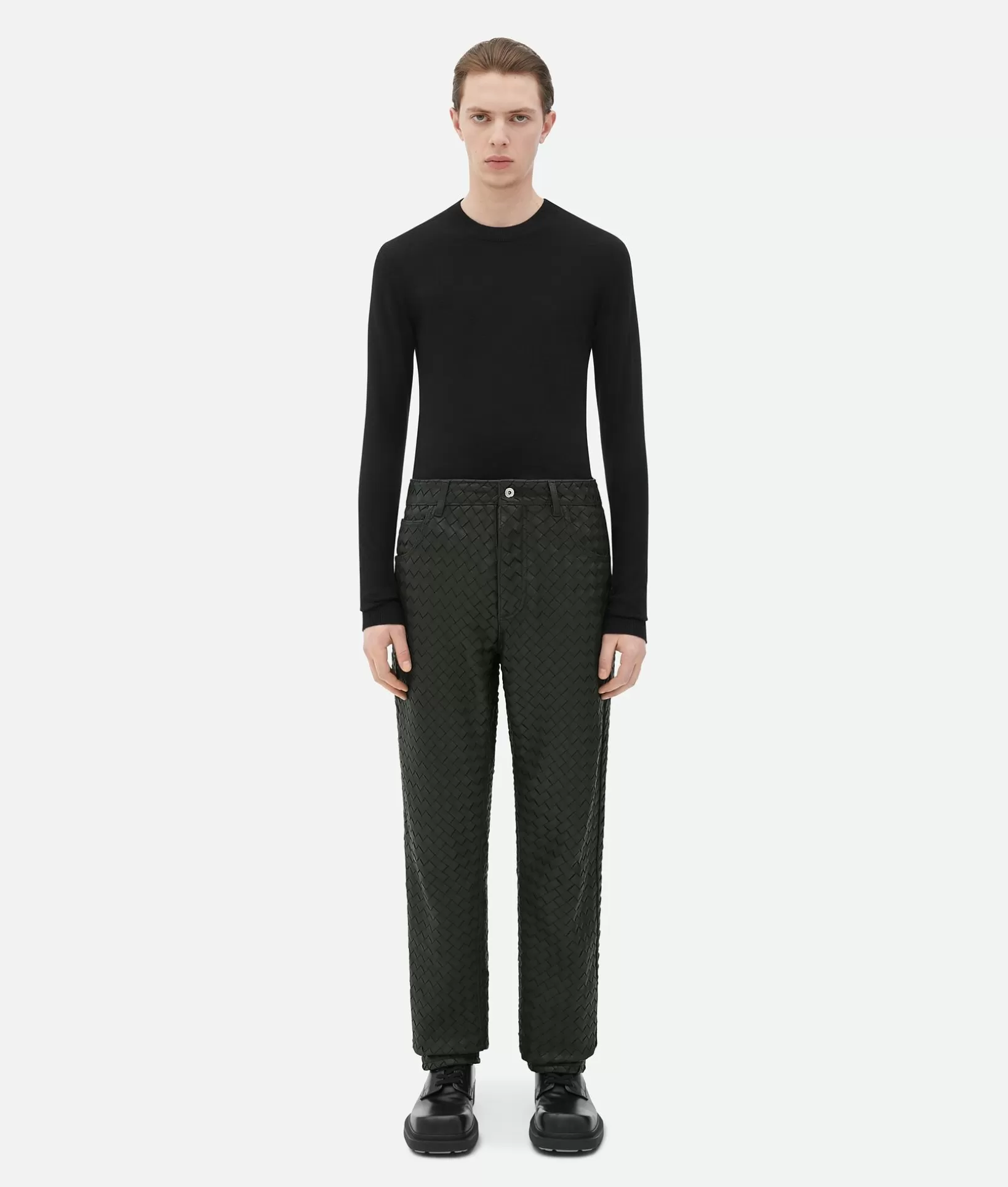 Trousers And Shorts | Leather>Bottega Veneta Intrecciato Leather Straight Leg Pants Green