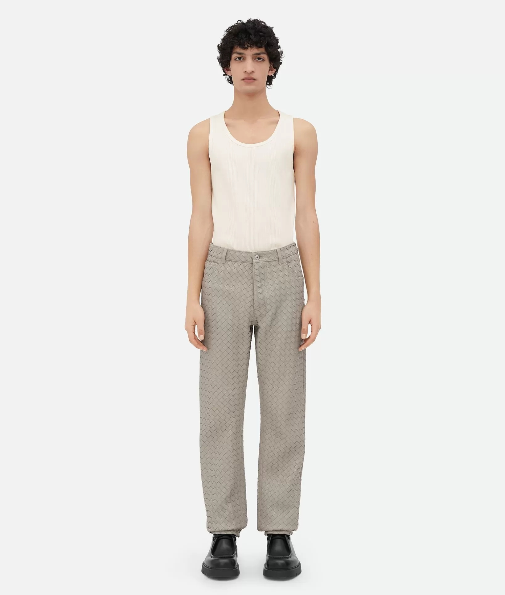 Trousers And Shorts | Leather>Bottega Veneta Intrecciato Leather Straight Leg Trousers Metallic mist