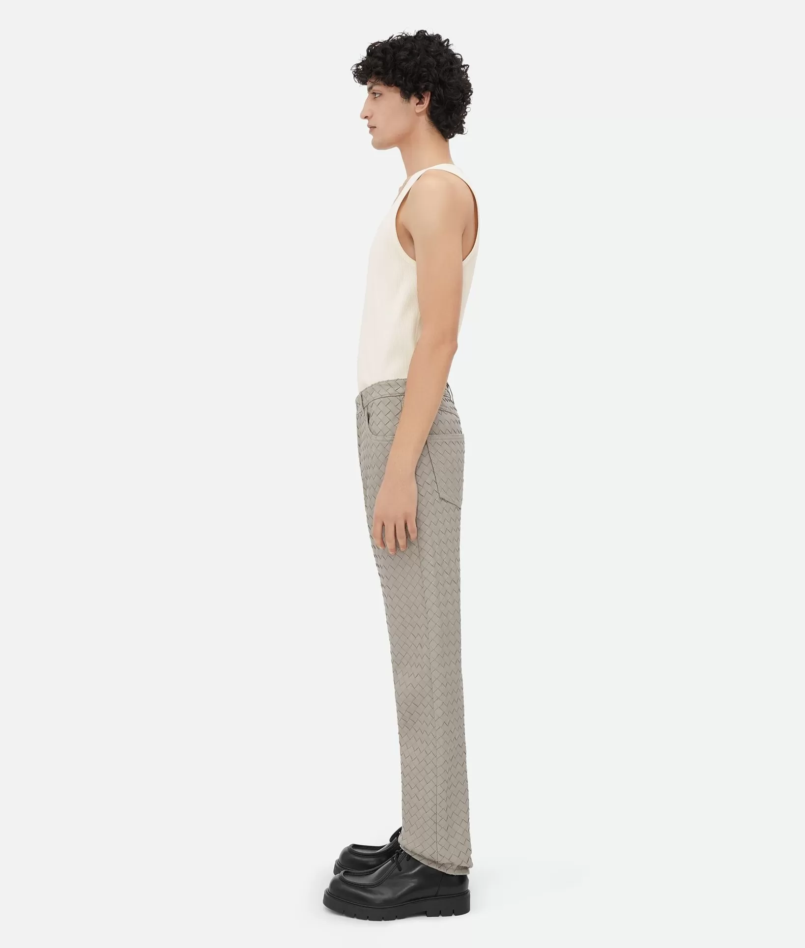 Trousers And Shorts | Leather>Bottega Veneta Intrecciato Leather Straight Leg Trousers Metallic mist