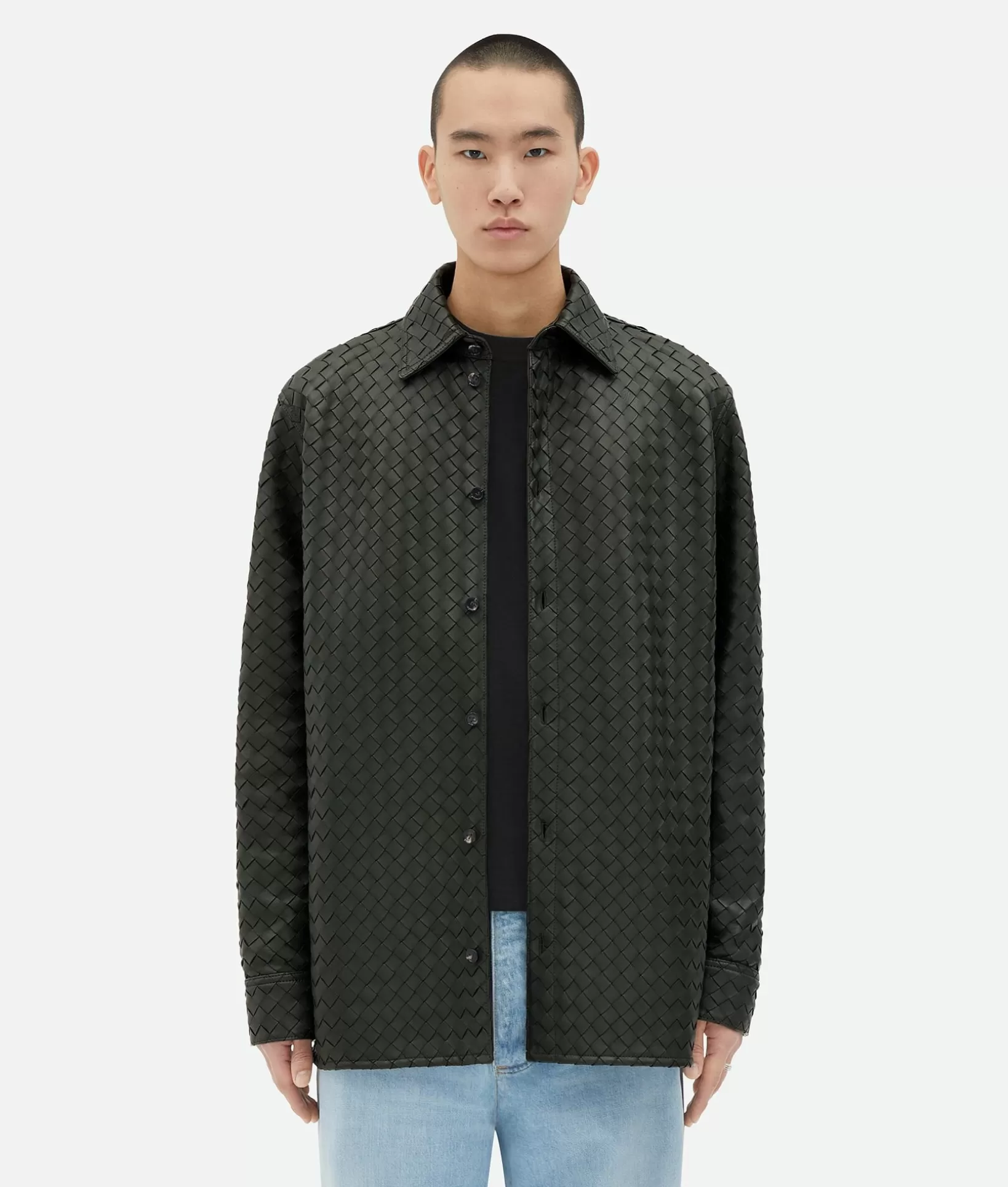 Leather>Bottega Veneta Intrecciato Relaxed Leather Shirt Green