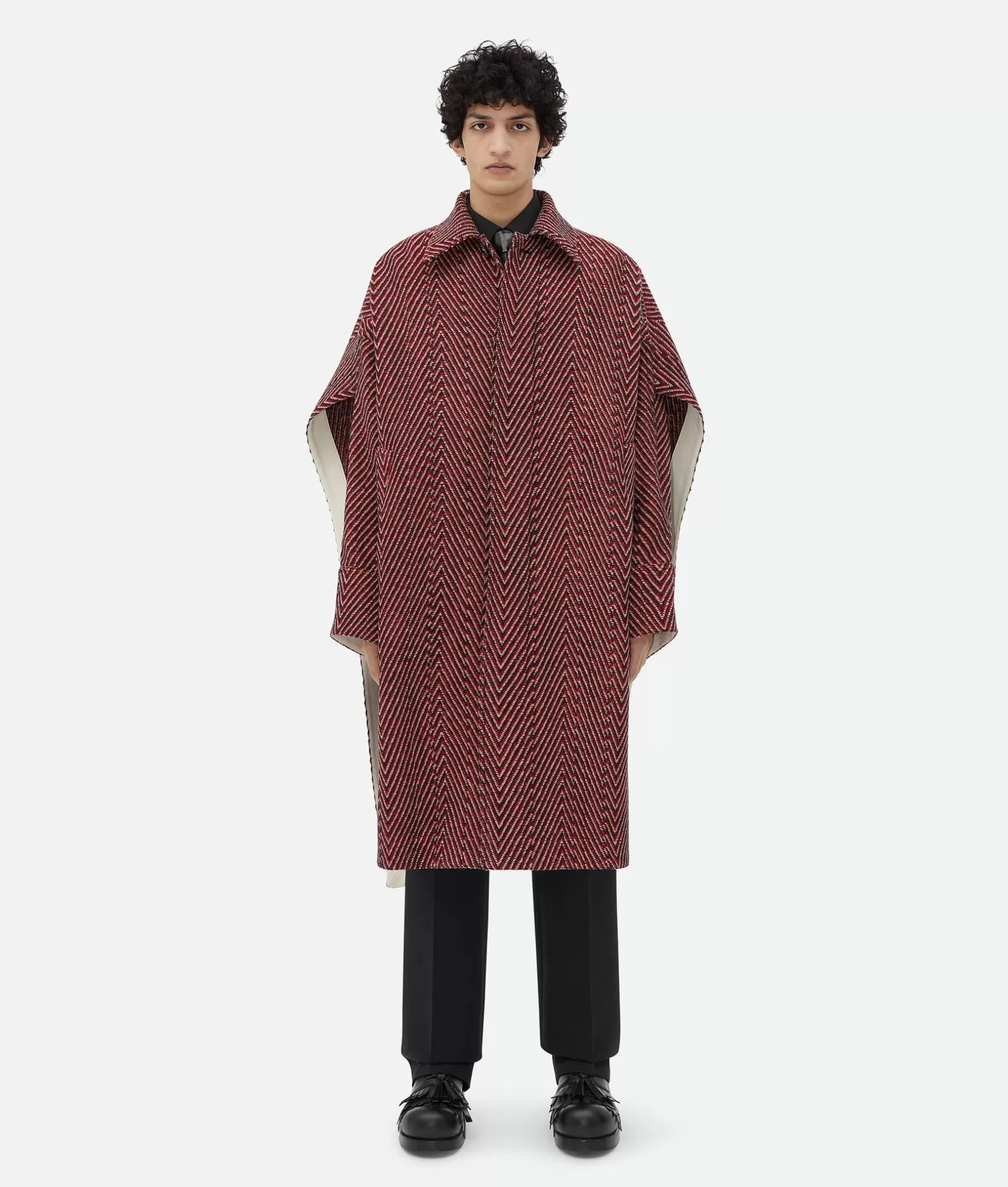 Coats>Bottega Veneta Irregular Wool Chevron Cape Coat Black/red/beige