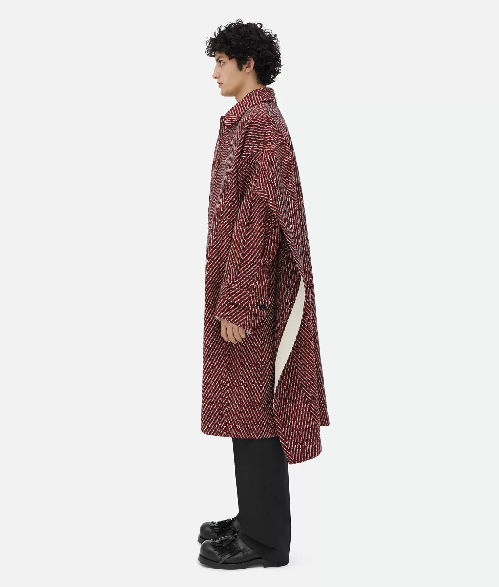 Coats>Bottega Veneta Irregular Wool Chevron Cape Coat Black/red/beige